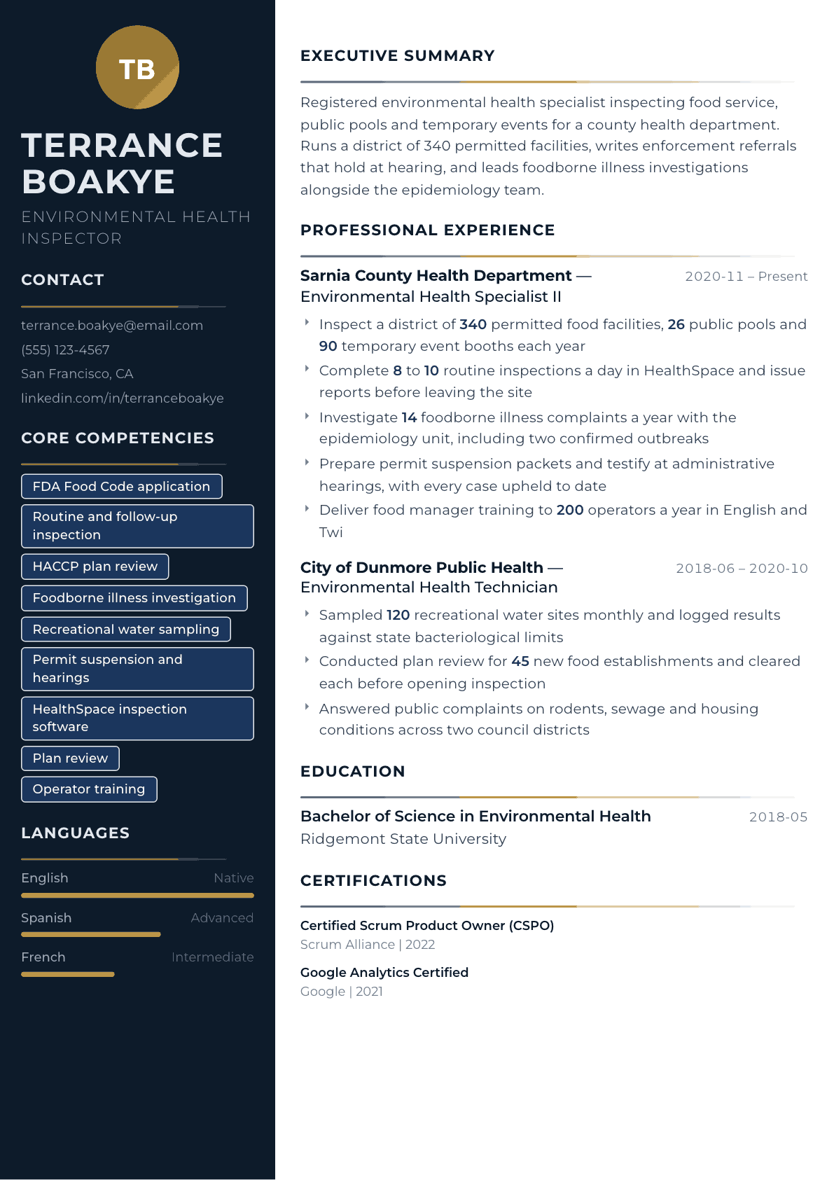 Health Inspector resume example, Catalyst template