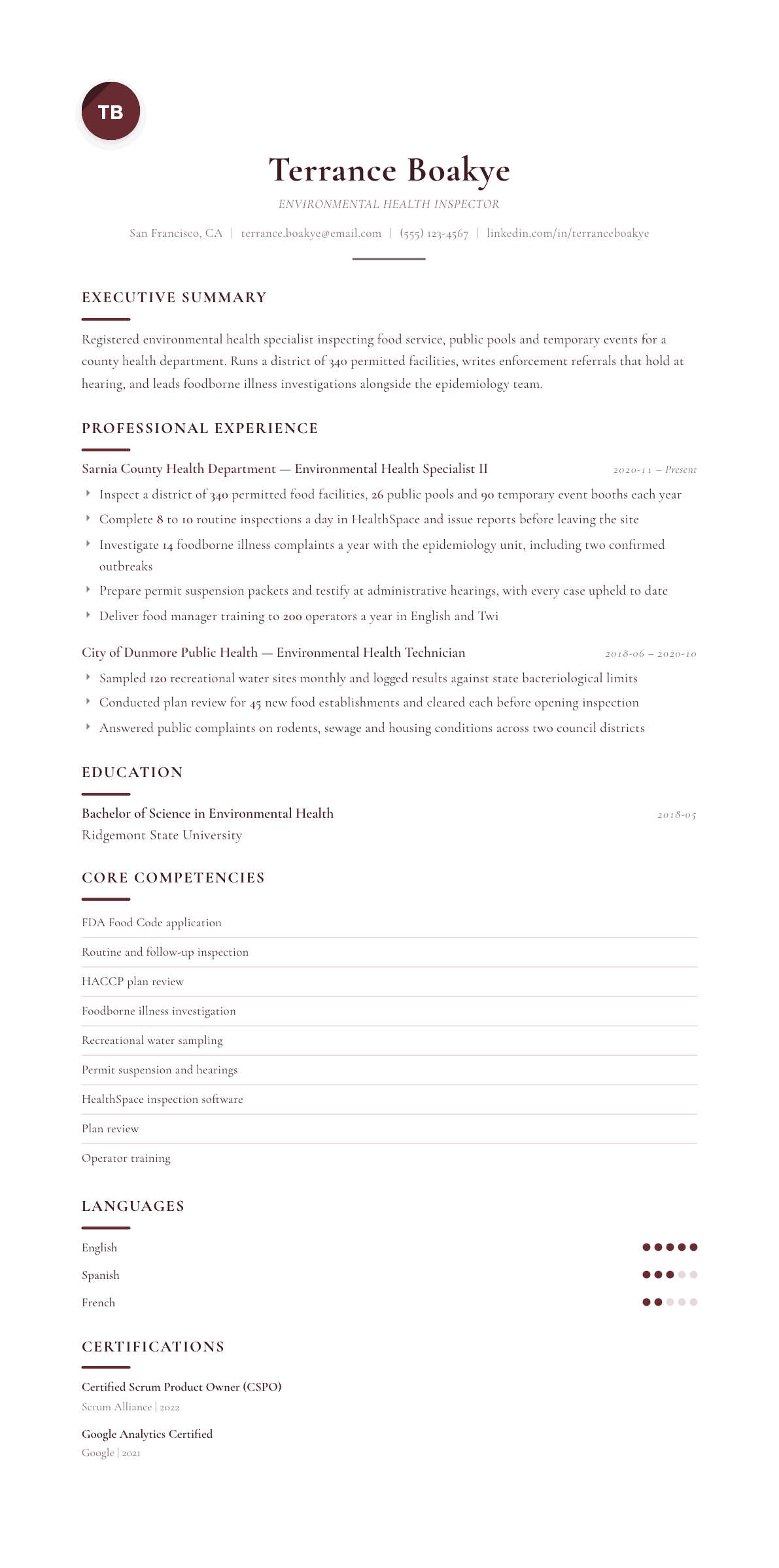 Health Inspector resume example, Diplomat template