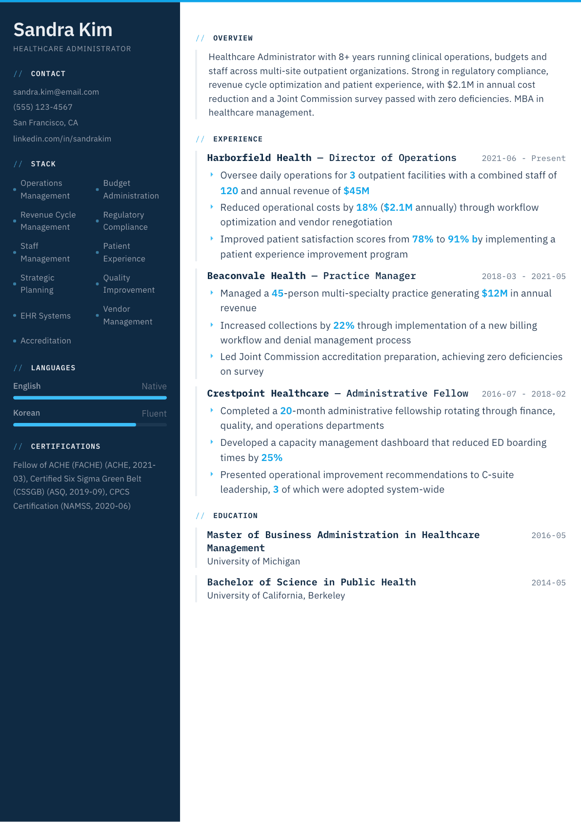 Healthcare Administrator resume example, Datum template