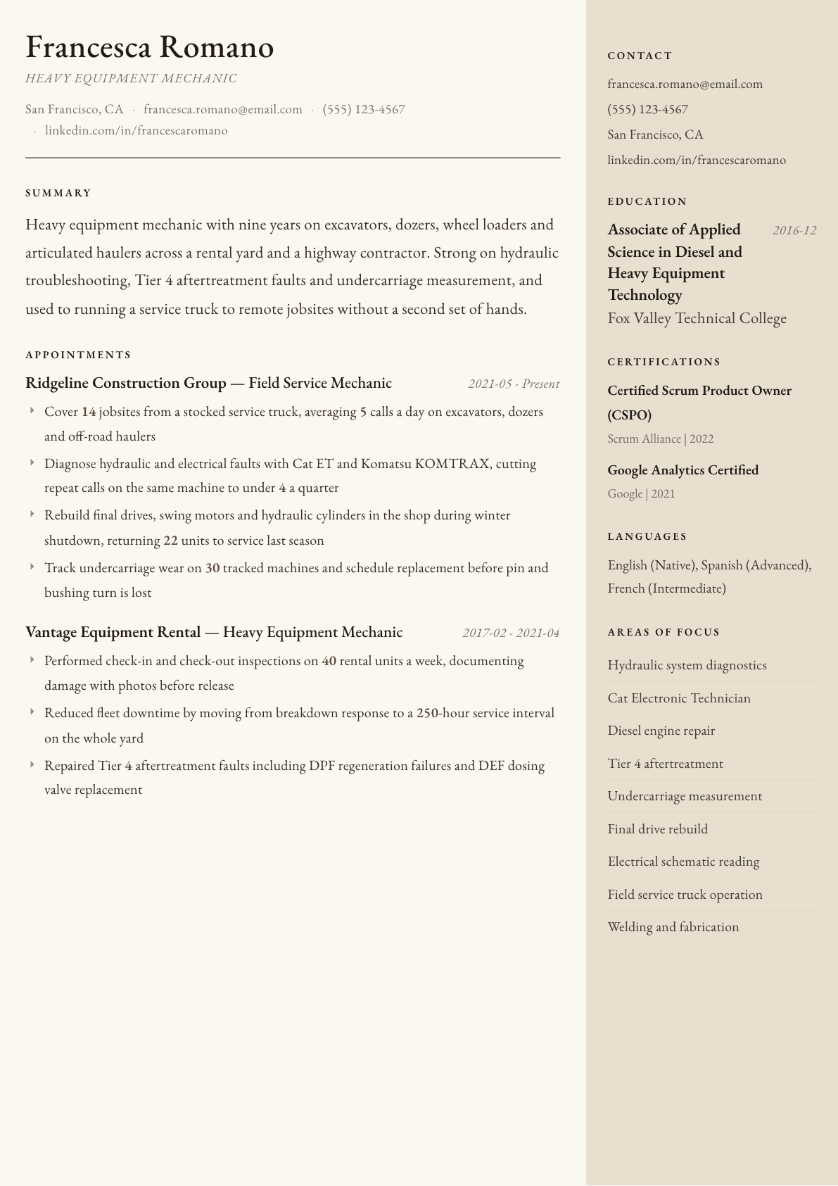 Heavy Equipment Mechanic resume example, Manuscript template