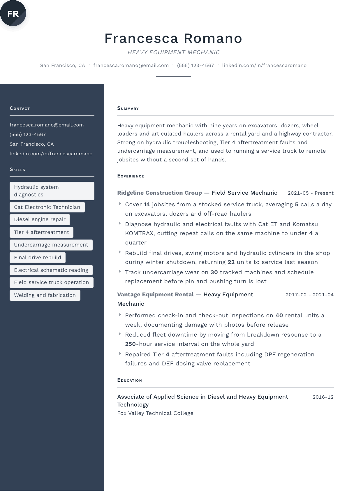 Heavy Equipment Mechanic resume example, Fold template