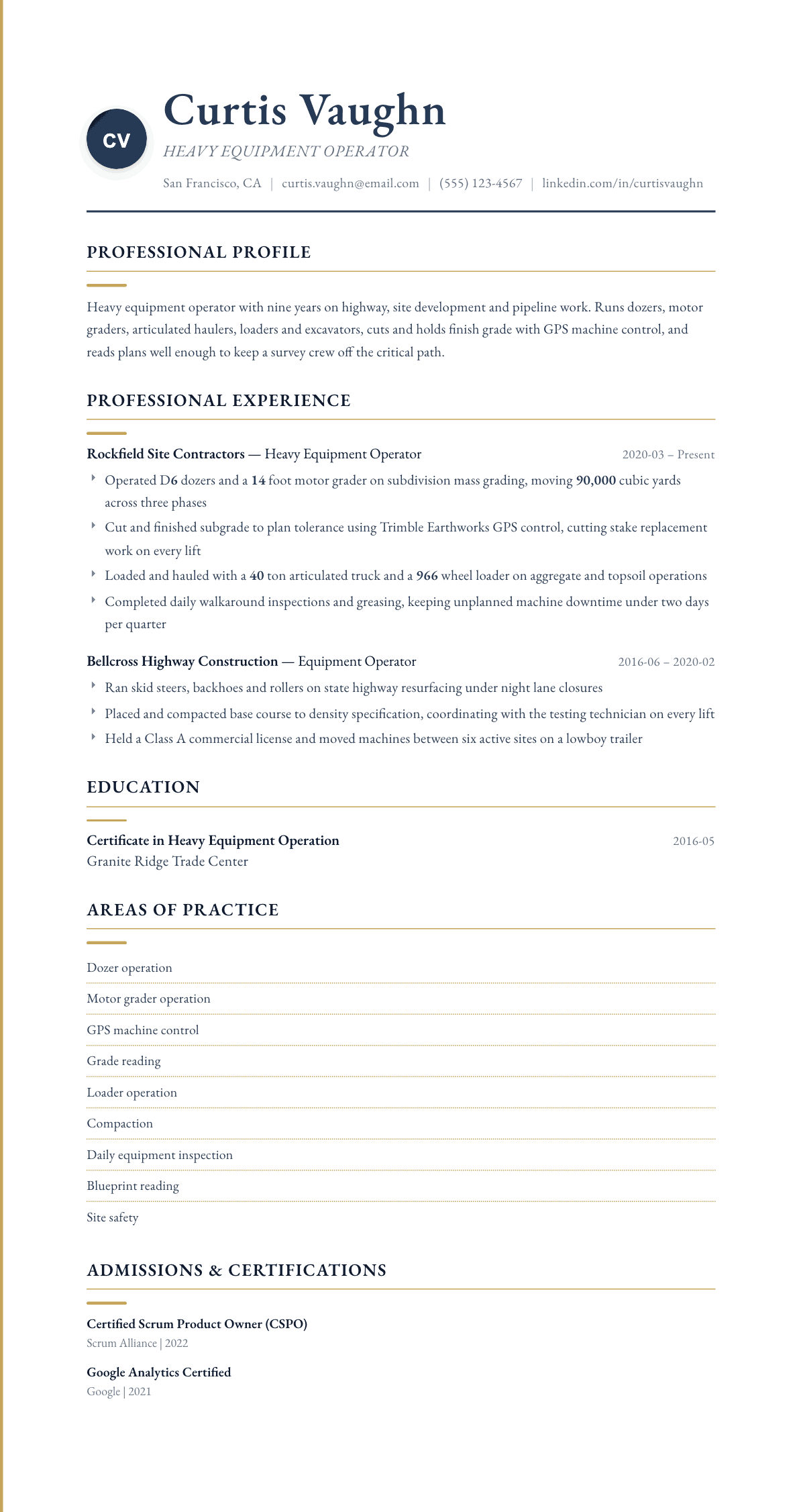 Heavy Equipment Operator resume example, Folio template