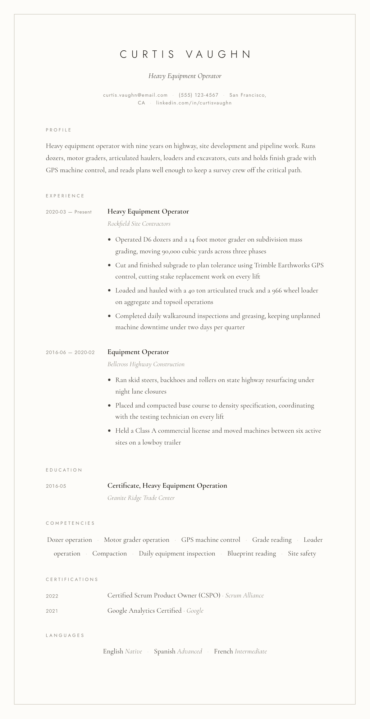 Heavy Equipment Operator resume example, Vellum template