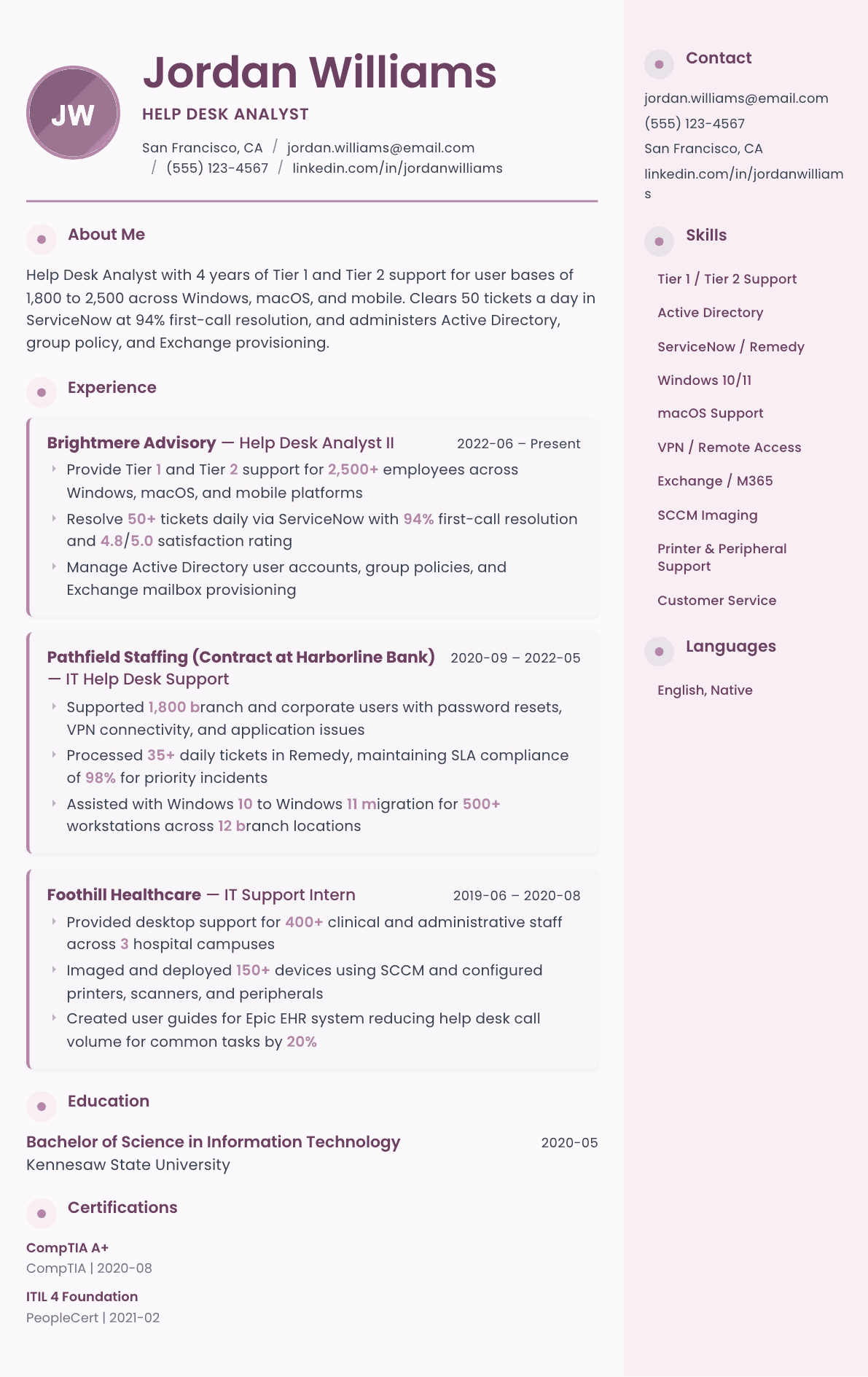 Help Desk Analyst resume example, Bloom template