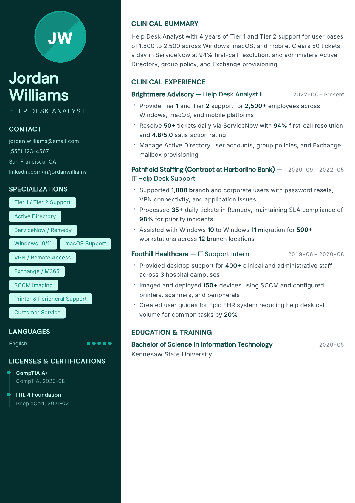 Help Desk Analyst resume example, Vitalis template
