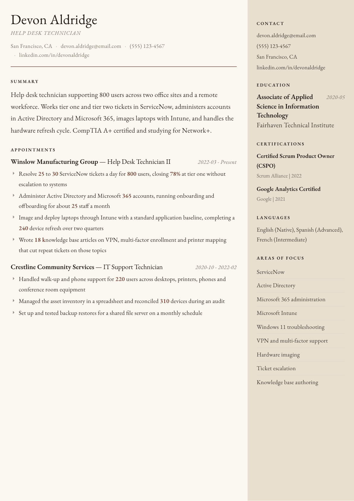 Help Desk Technician resume example, Manuscript template