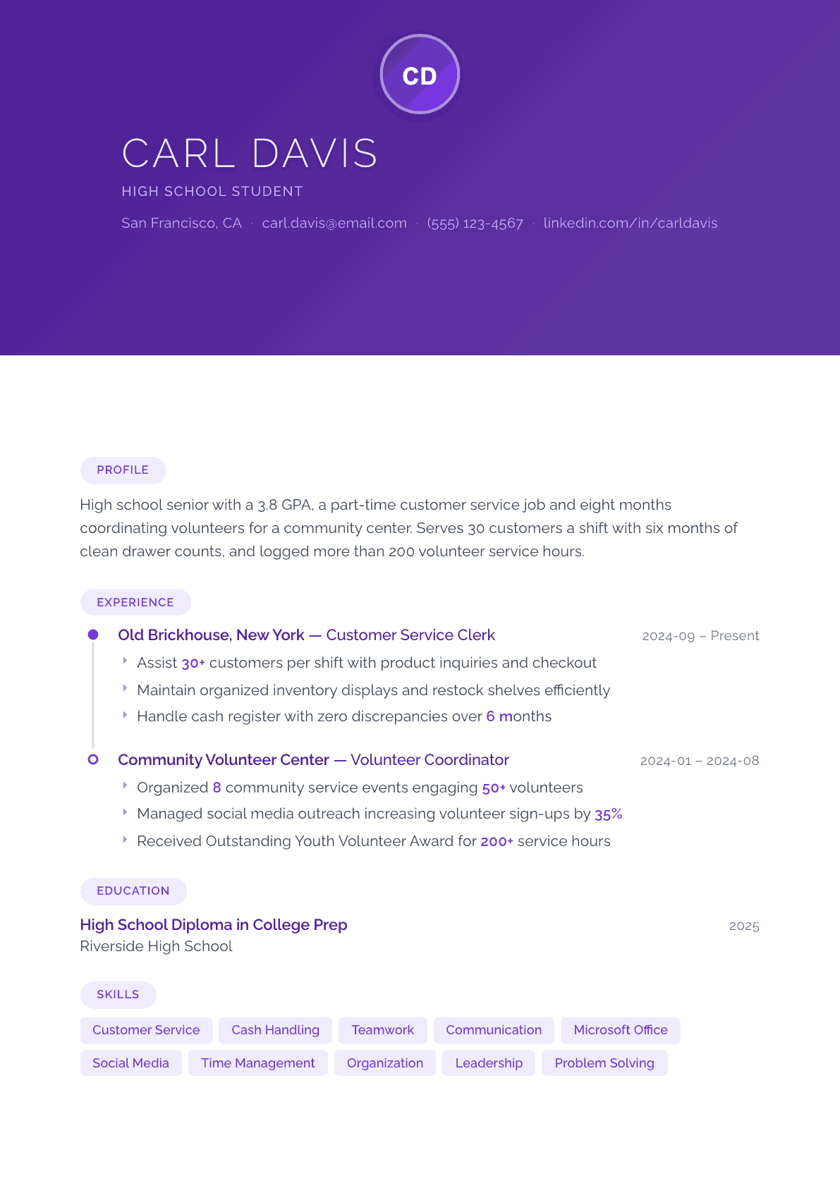 High School Student resume example, Canvas template