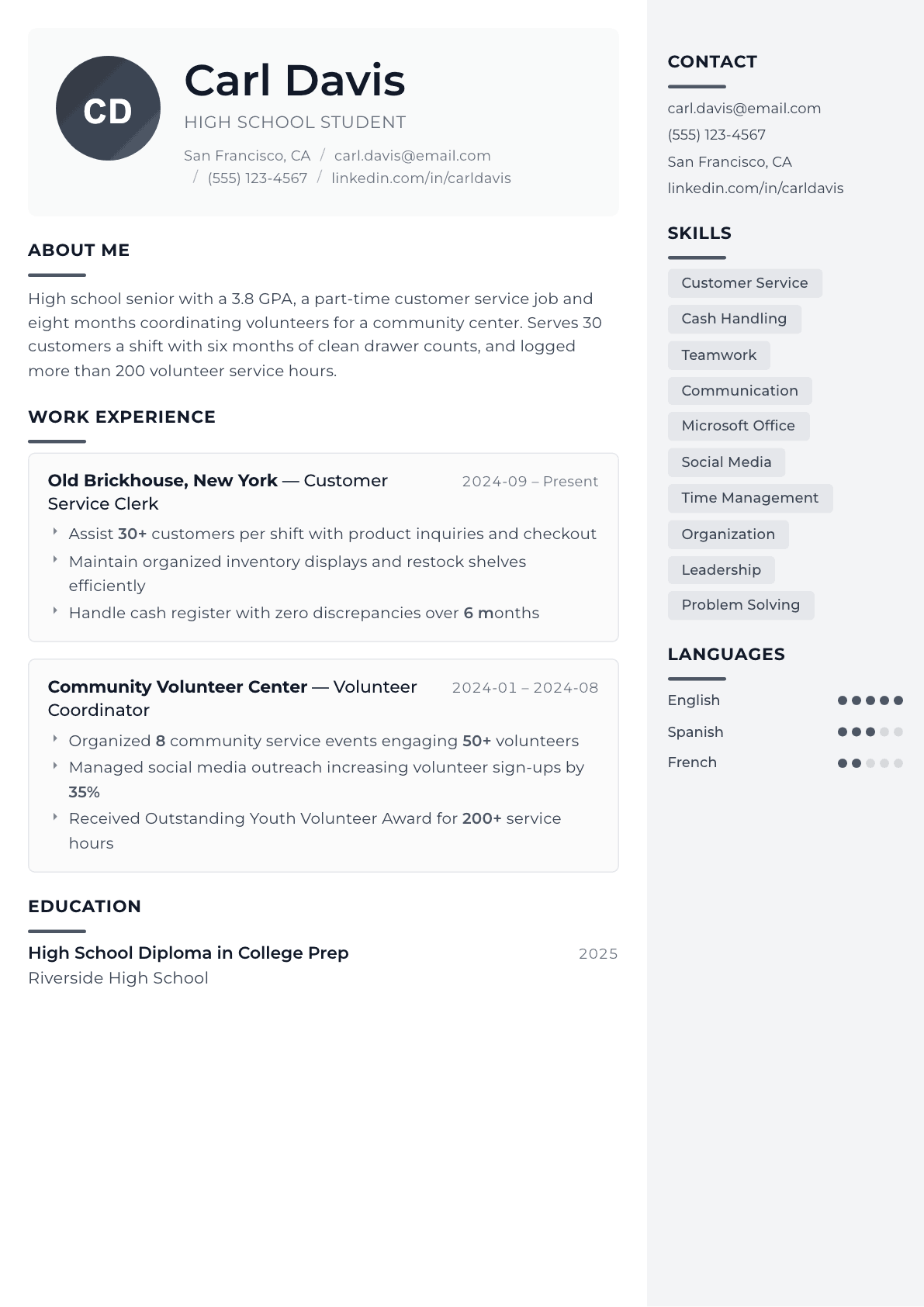 High School Student resume example, Metropolitan template