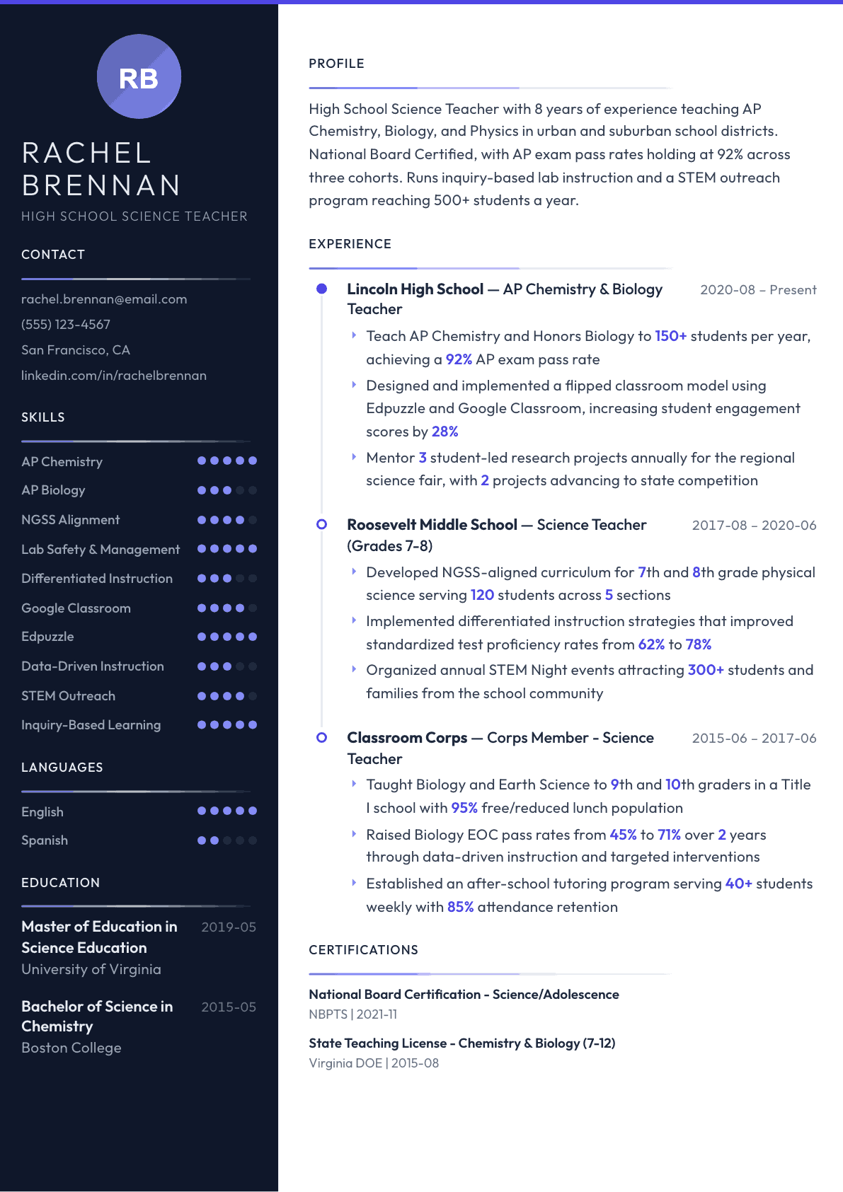 High School Science Teacher resume example, Zenith template