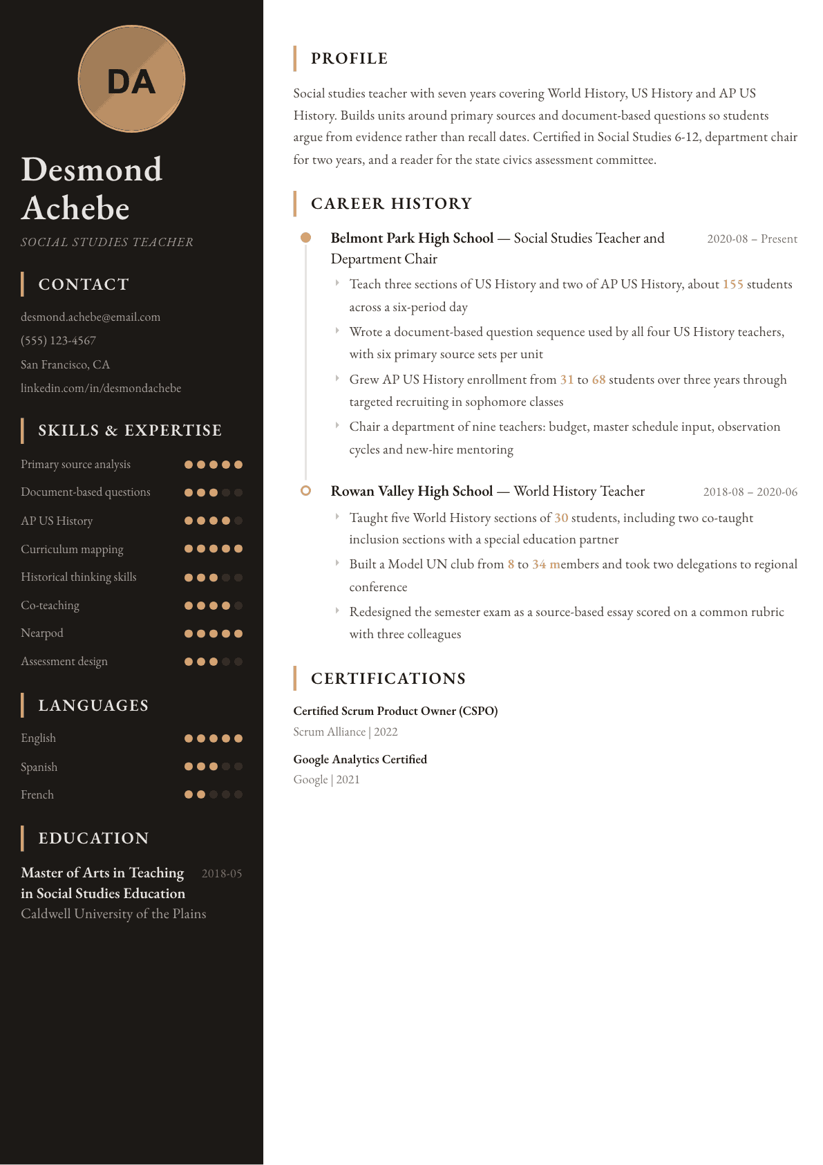 History Teacher resume example, Heritage template