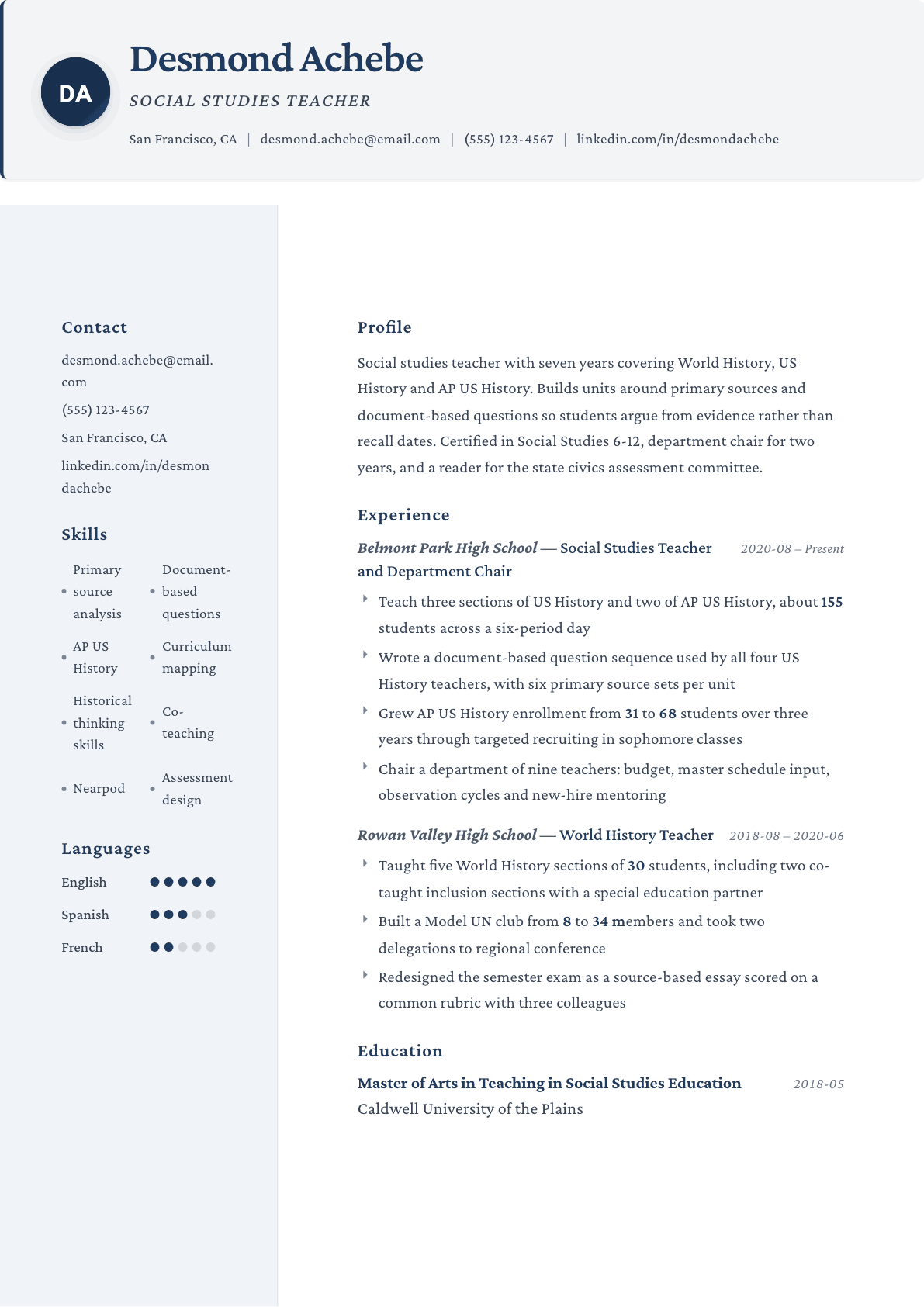 History Teacher resume example, Formal template