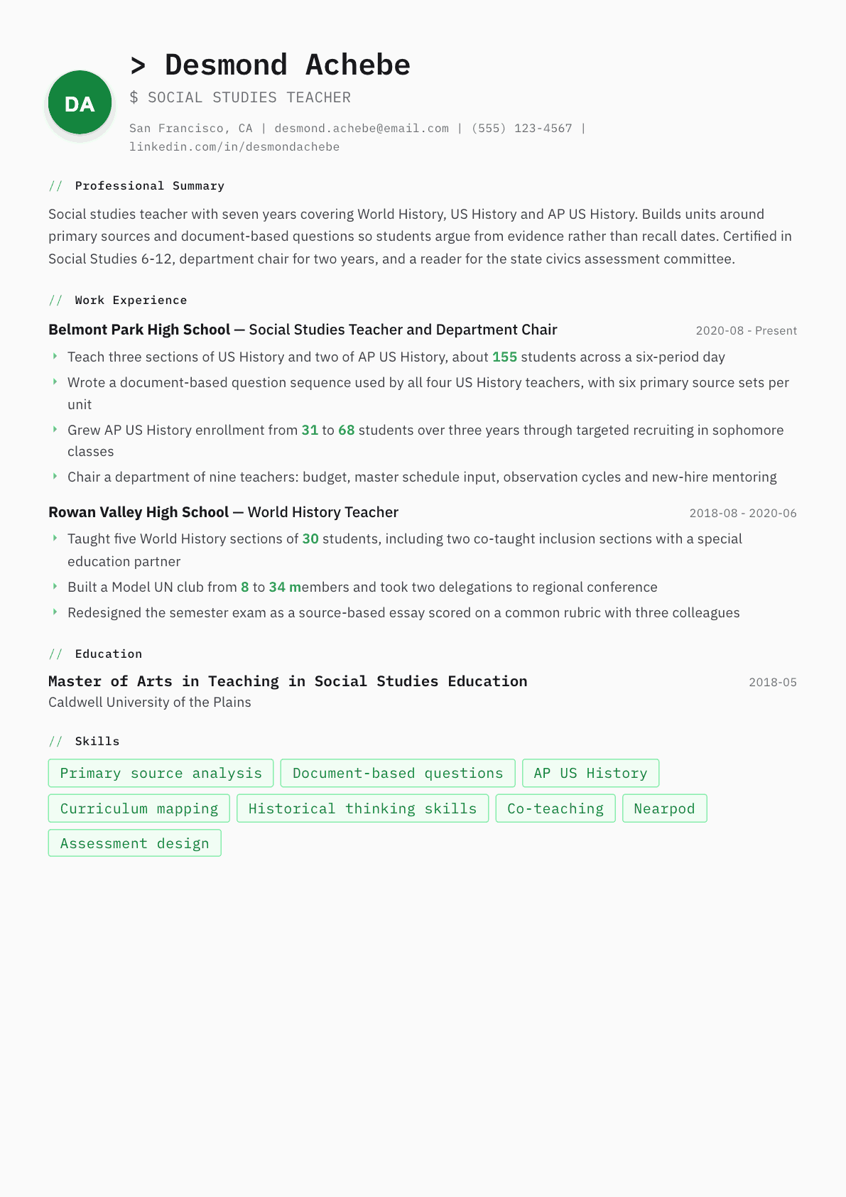 History Teacher resume example, Amsterdam template