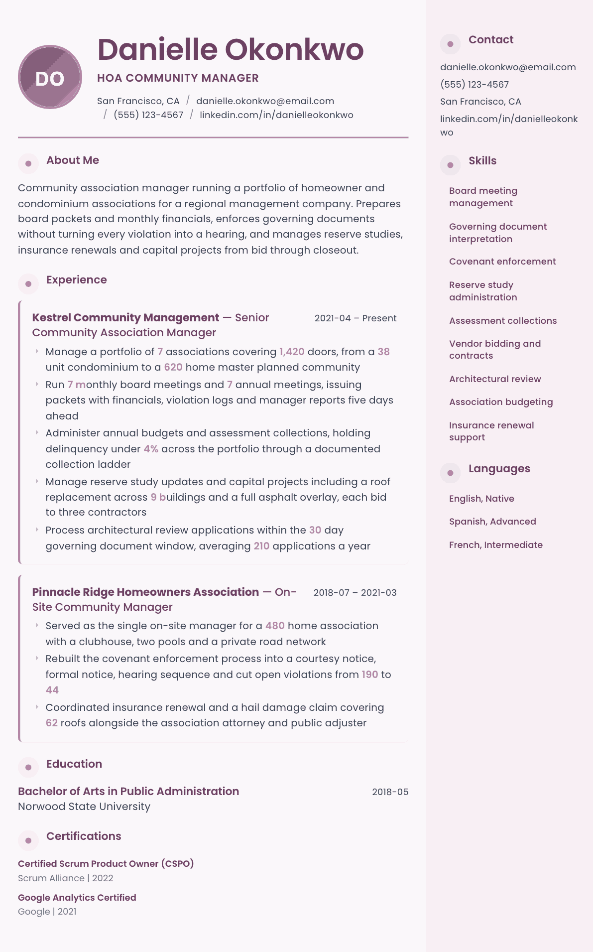 HOA Manager resume example, Bloom template