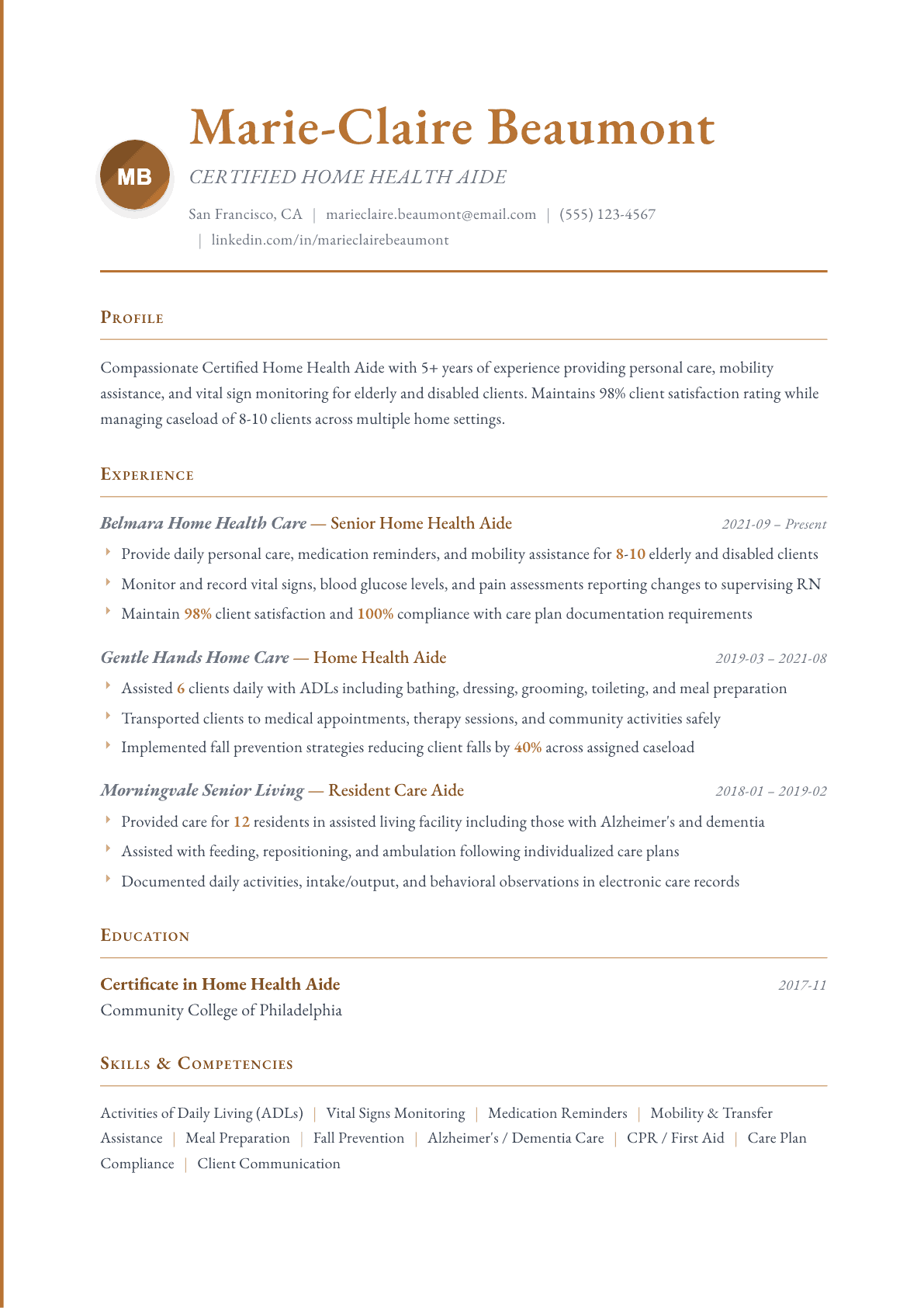 Home Health Aide resume example, Timeless template