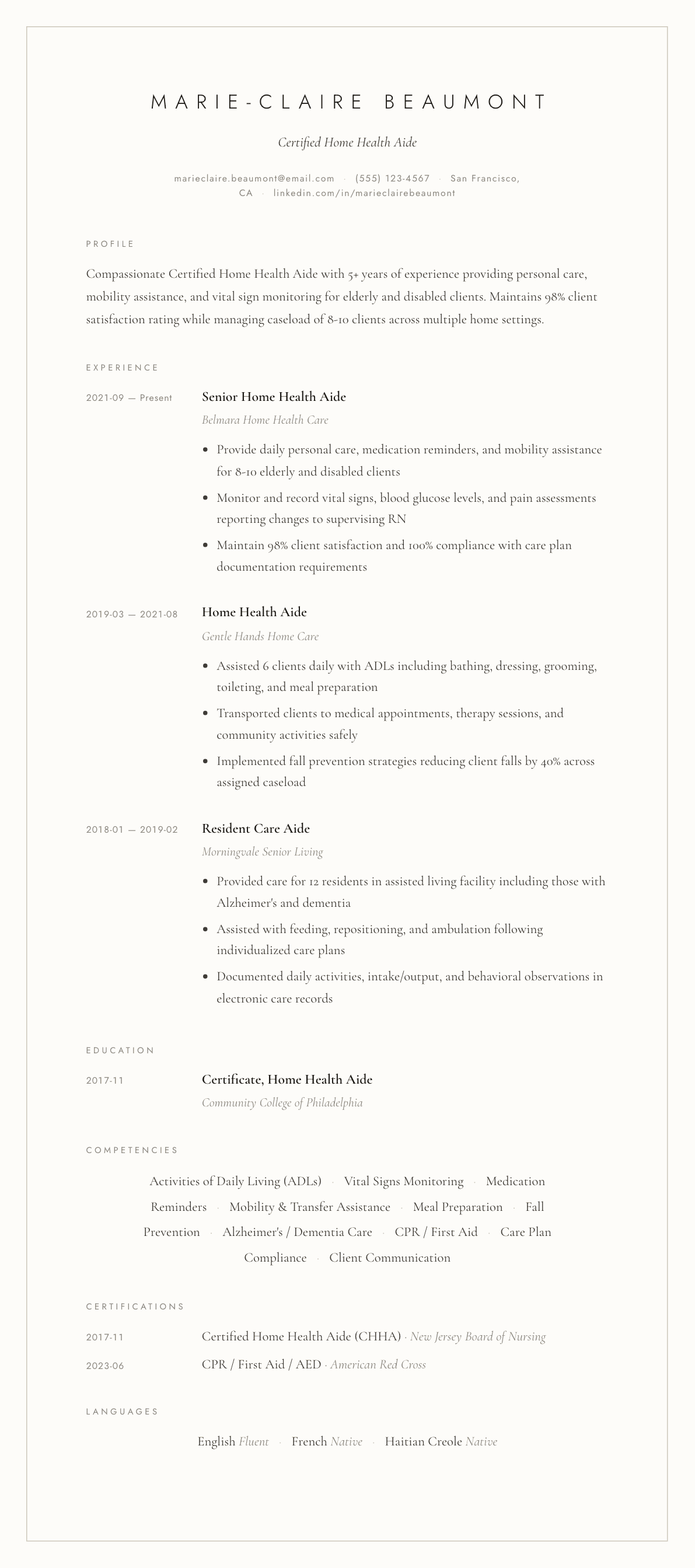 Home Health Aide resume example, Vellum template