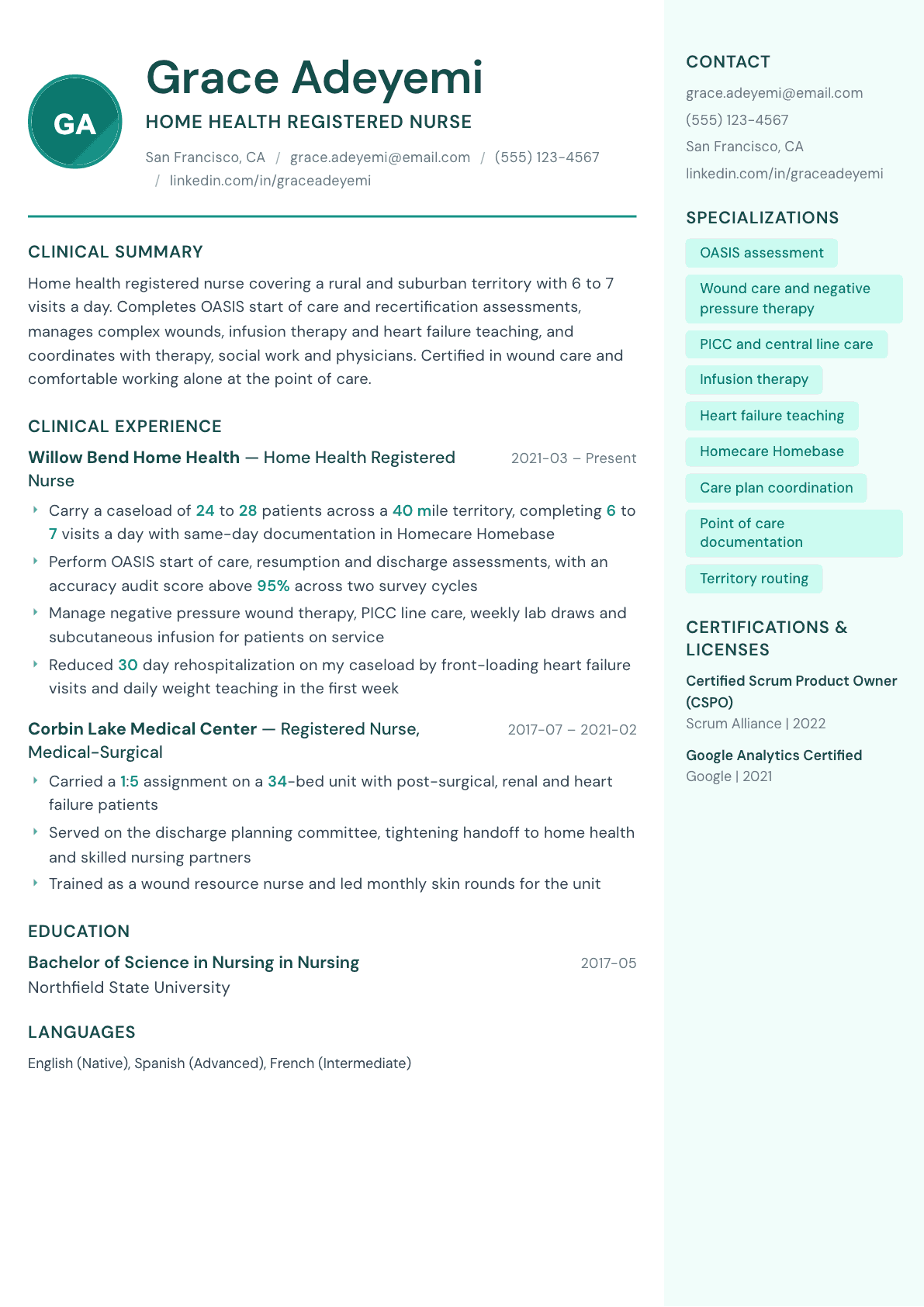 Home Health Nurse resume example, Remedy template