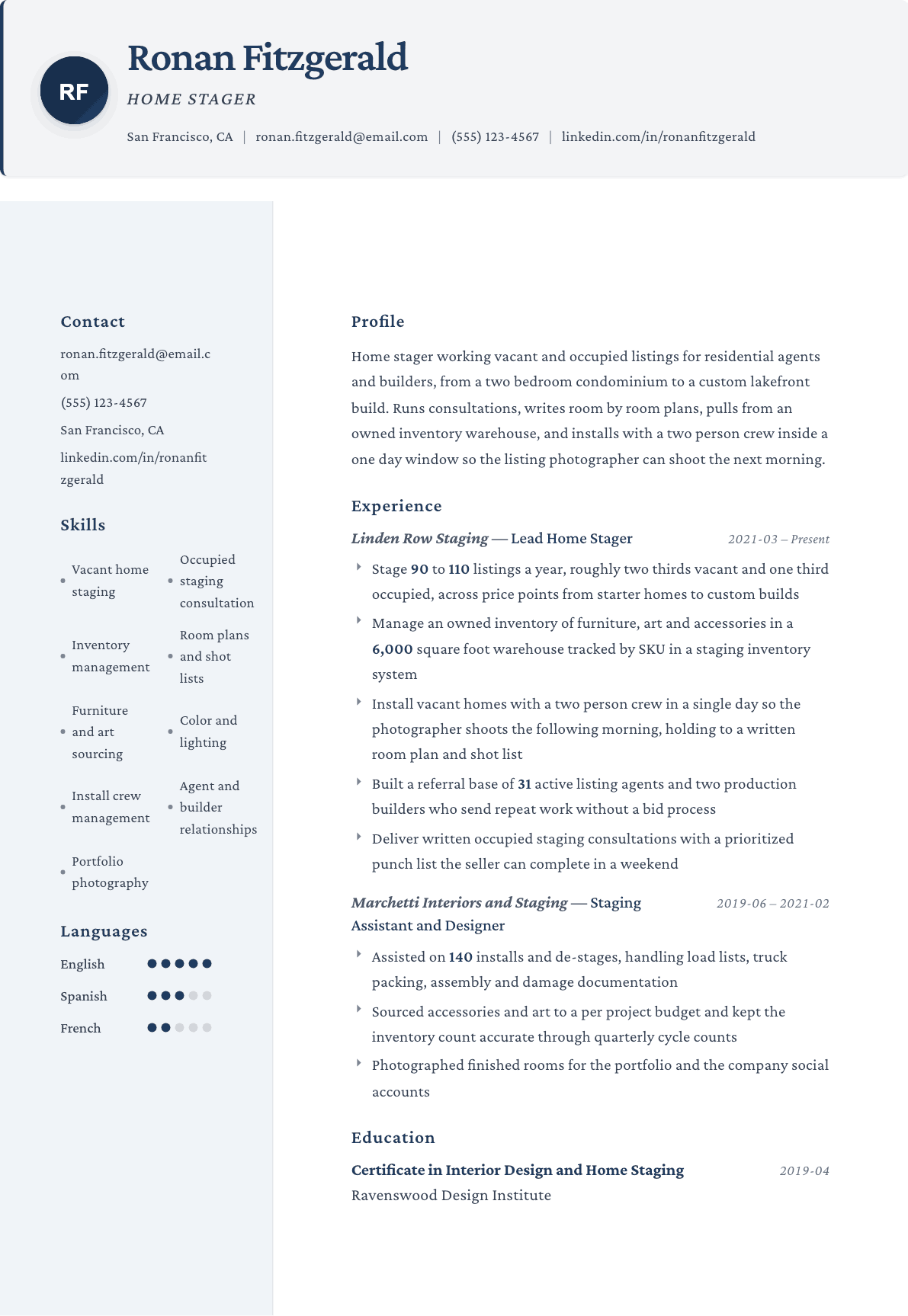 Home Stager resume example, Formal template