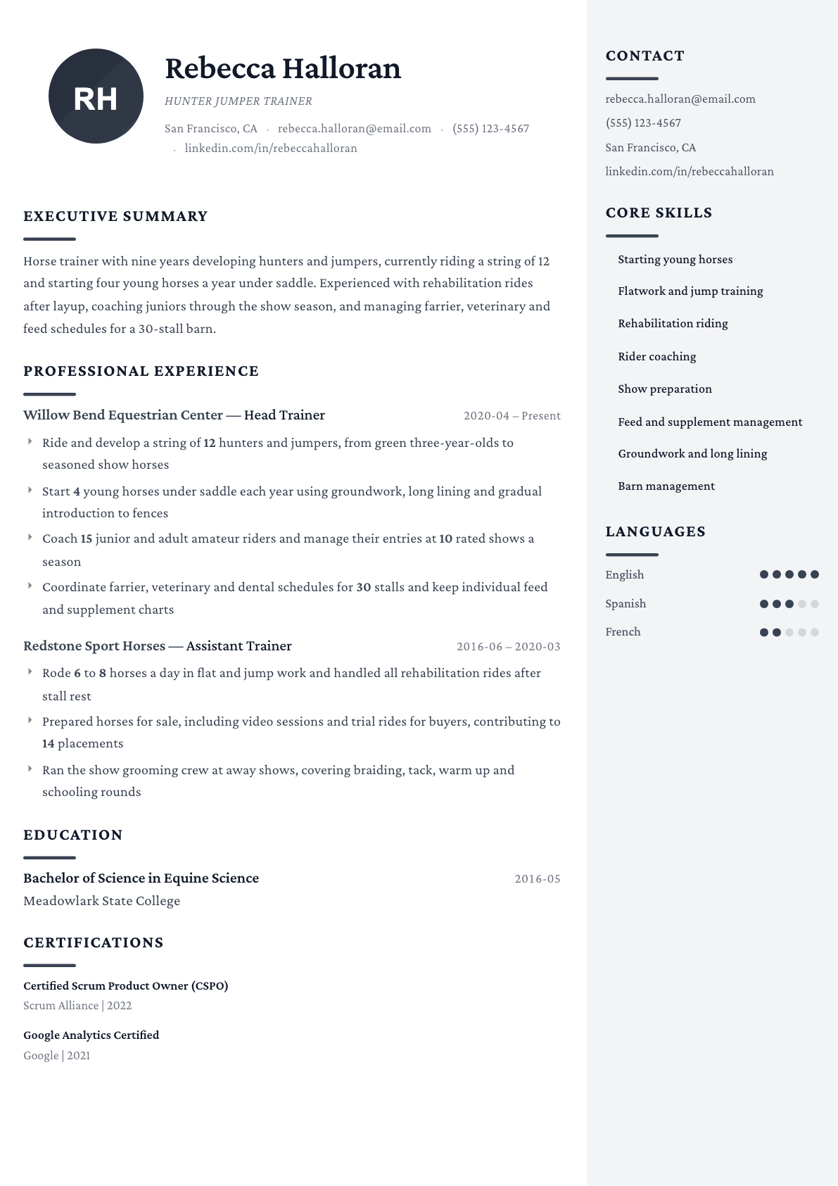 Horse Trainer resume example, Monarch template