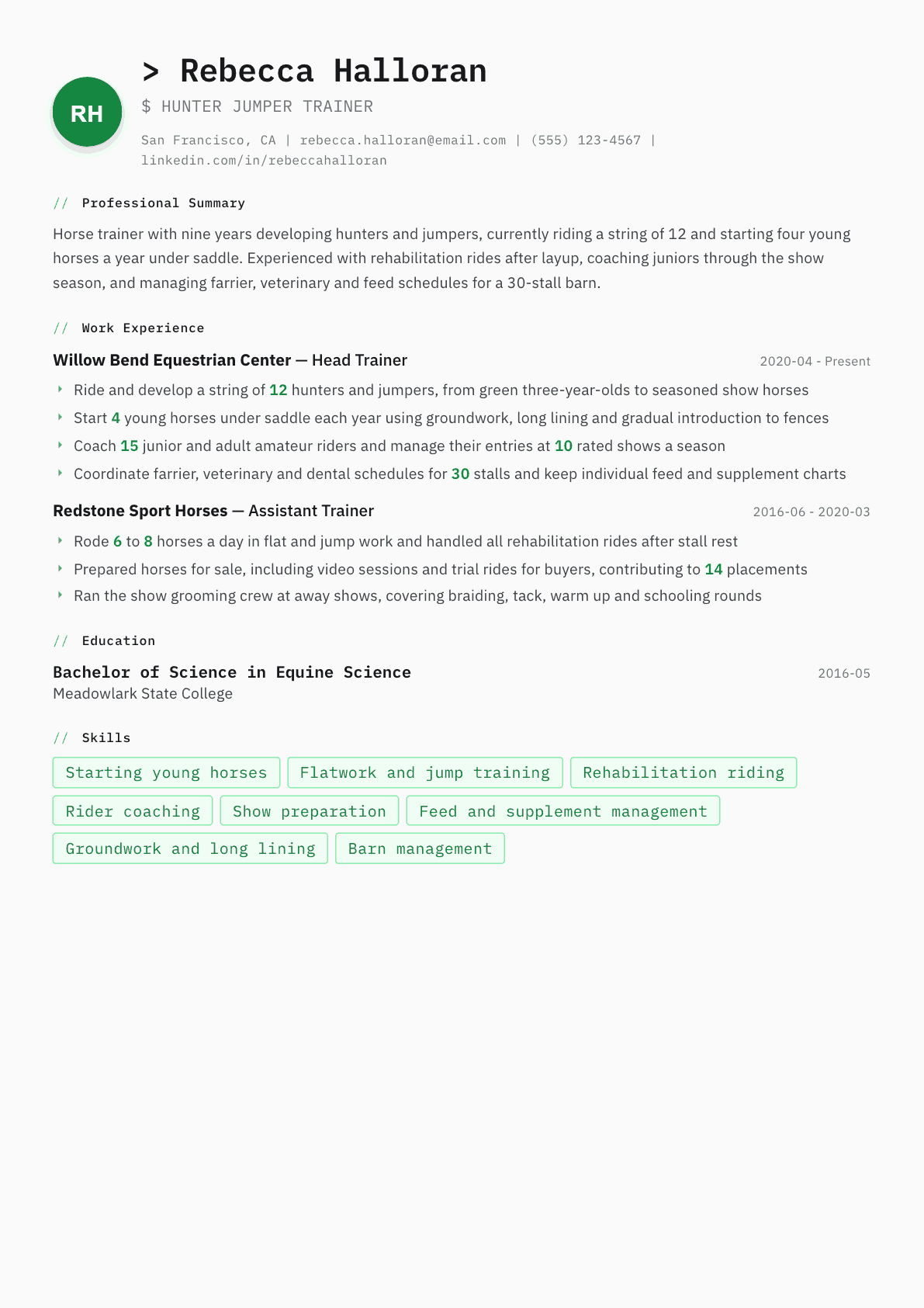 Horse Trainer resume example, Amsterdam template