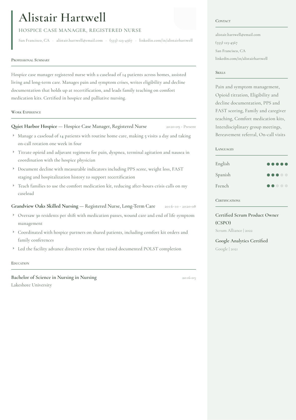 Hospice Nurse resume example, Copenhagen template