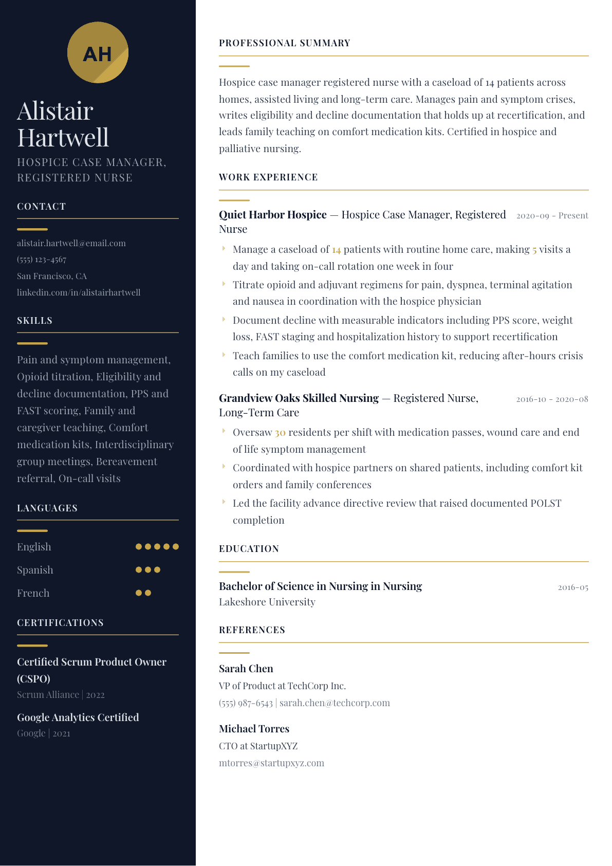 Hospice Nurse resume example, Zurich template