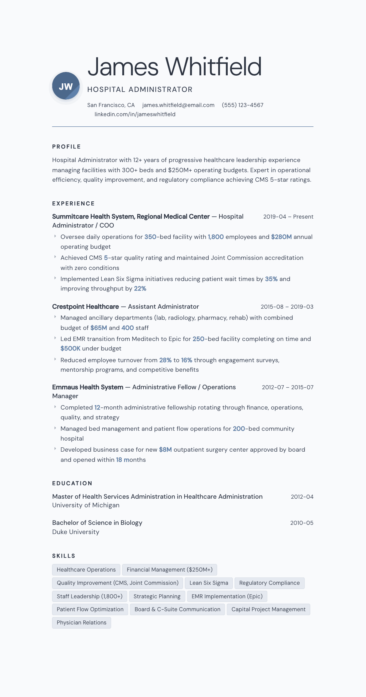 Hospital Administrator resume example, Nordic template