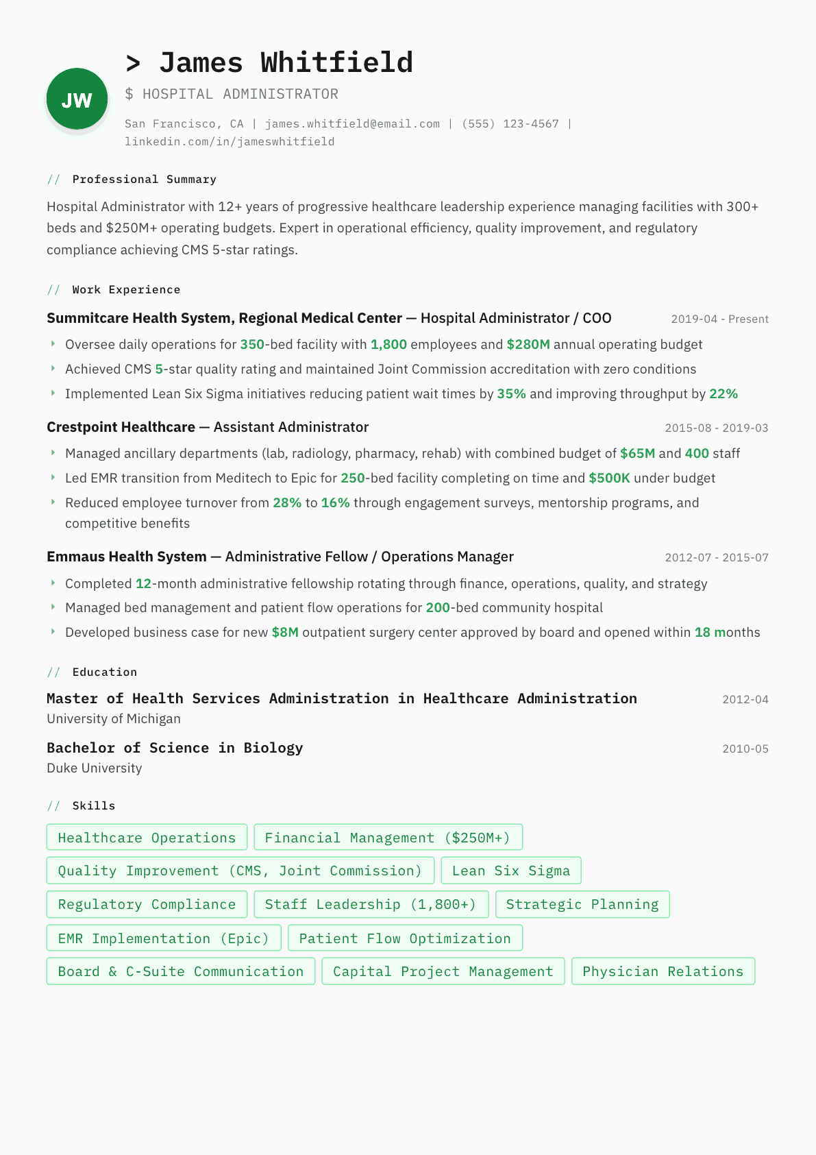 Hospital Administrator resume example, Amsterdam template