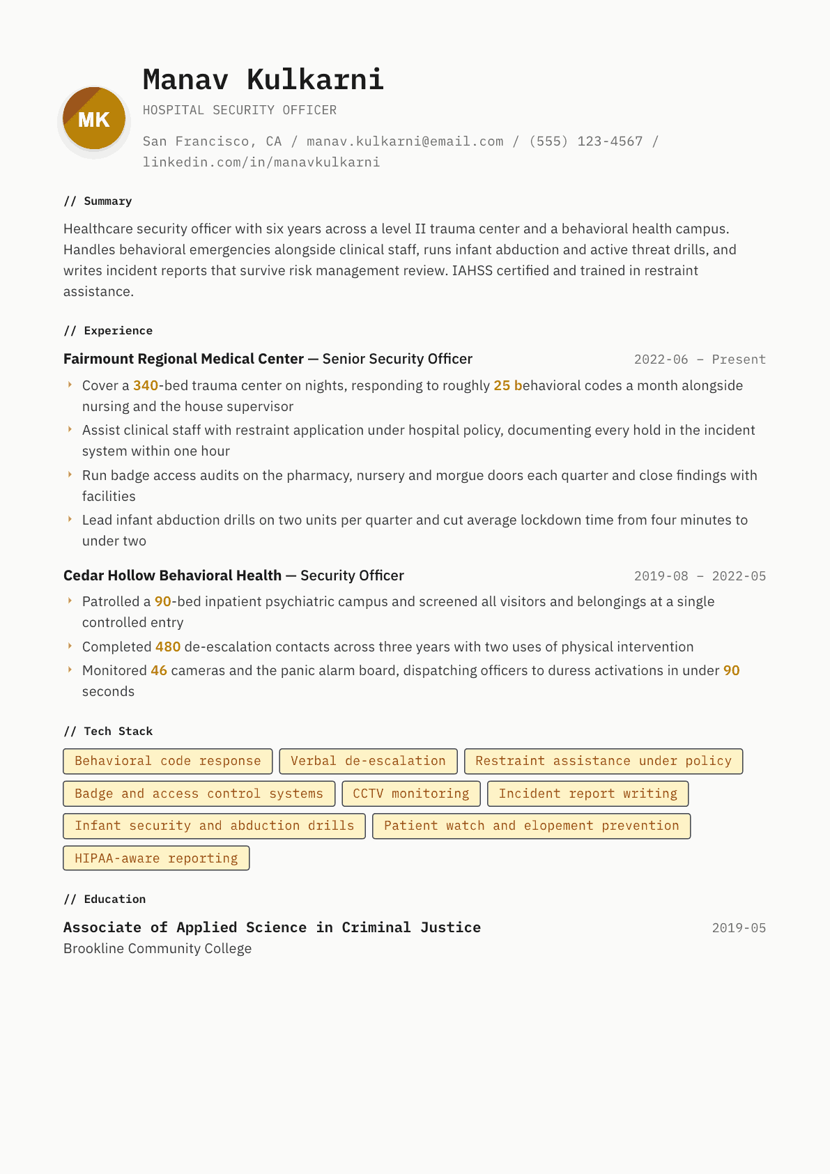 Hospital Security Officer resume example, Inkwell template