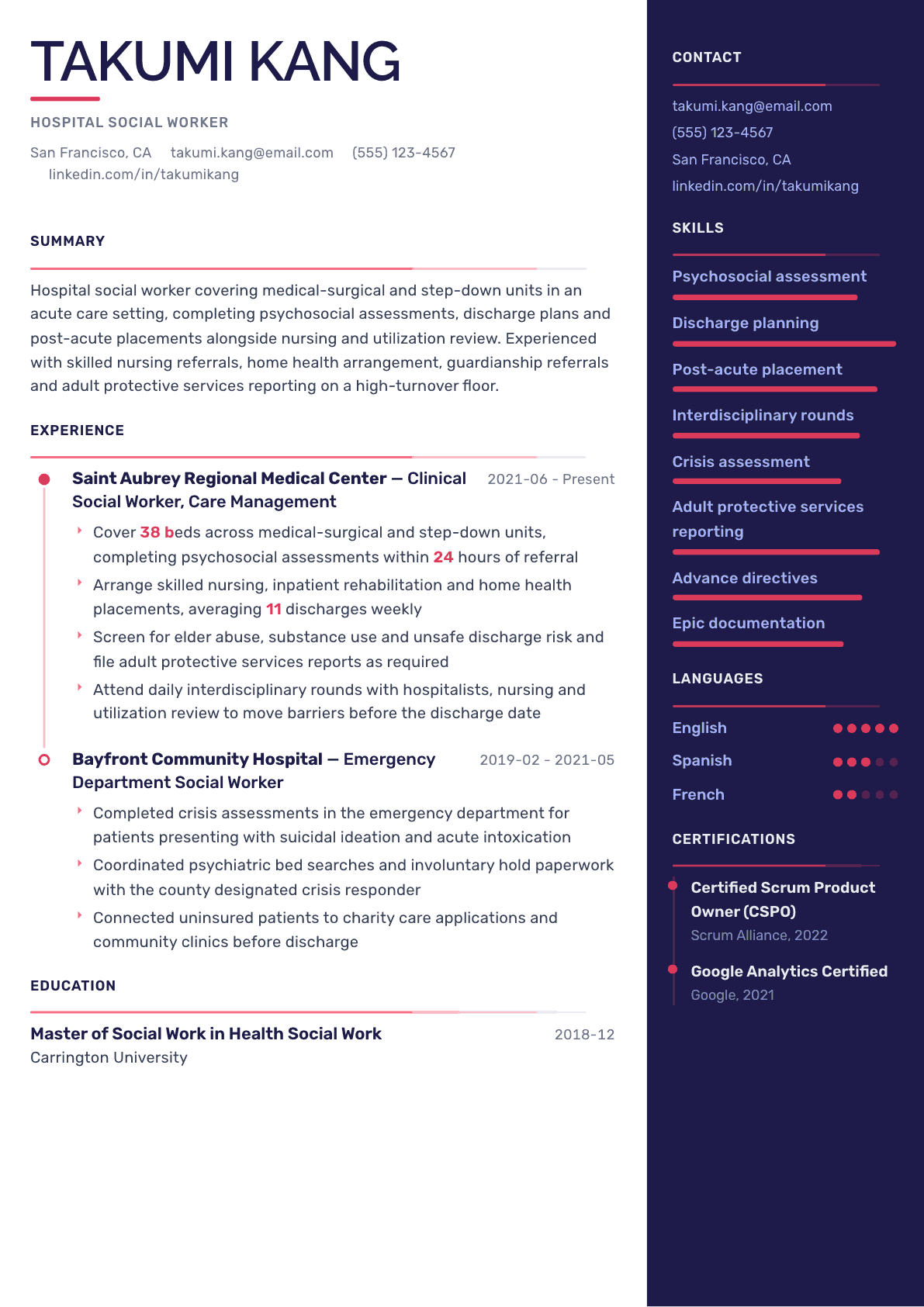 Hospital Social Worker resume example, Obsidian Dark template