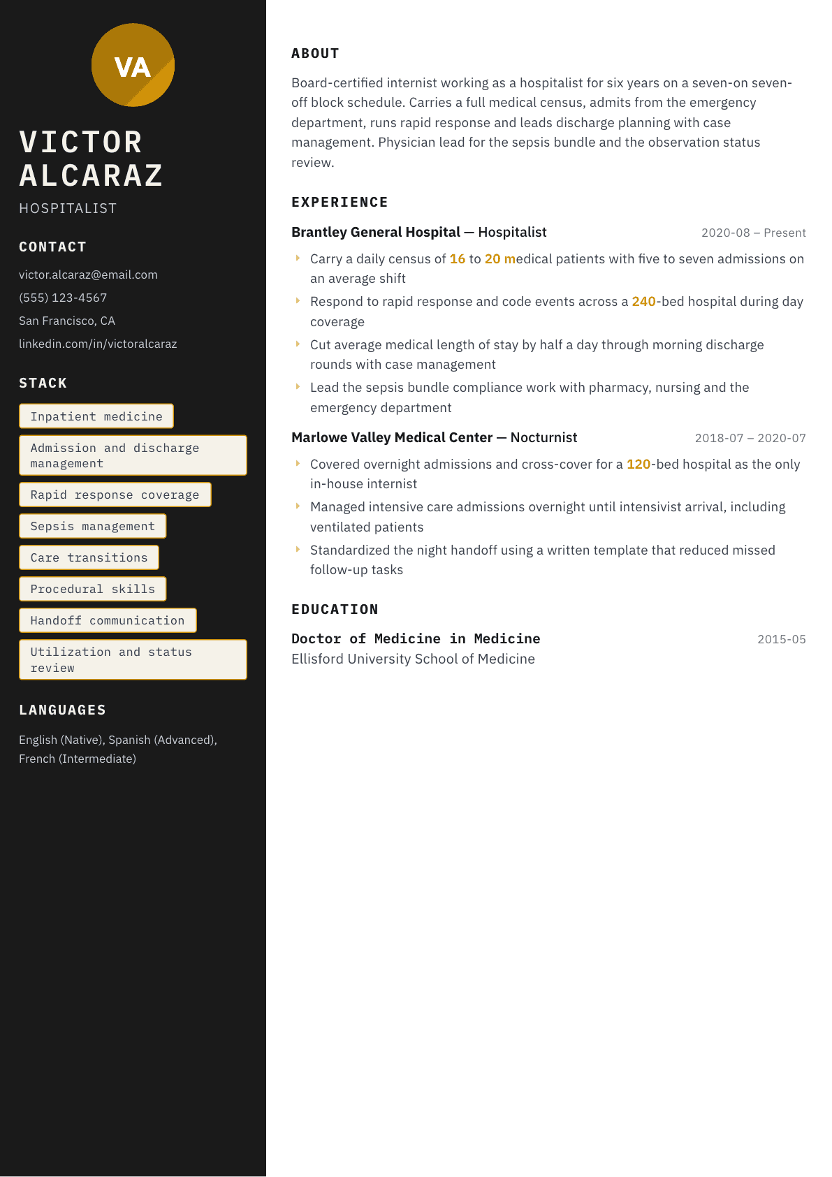 Hospitalist resume example, Neon template