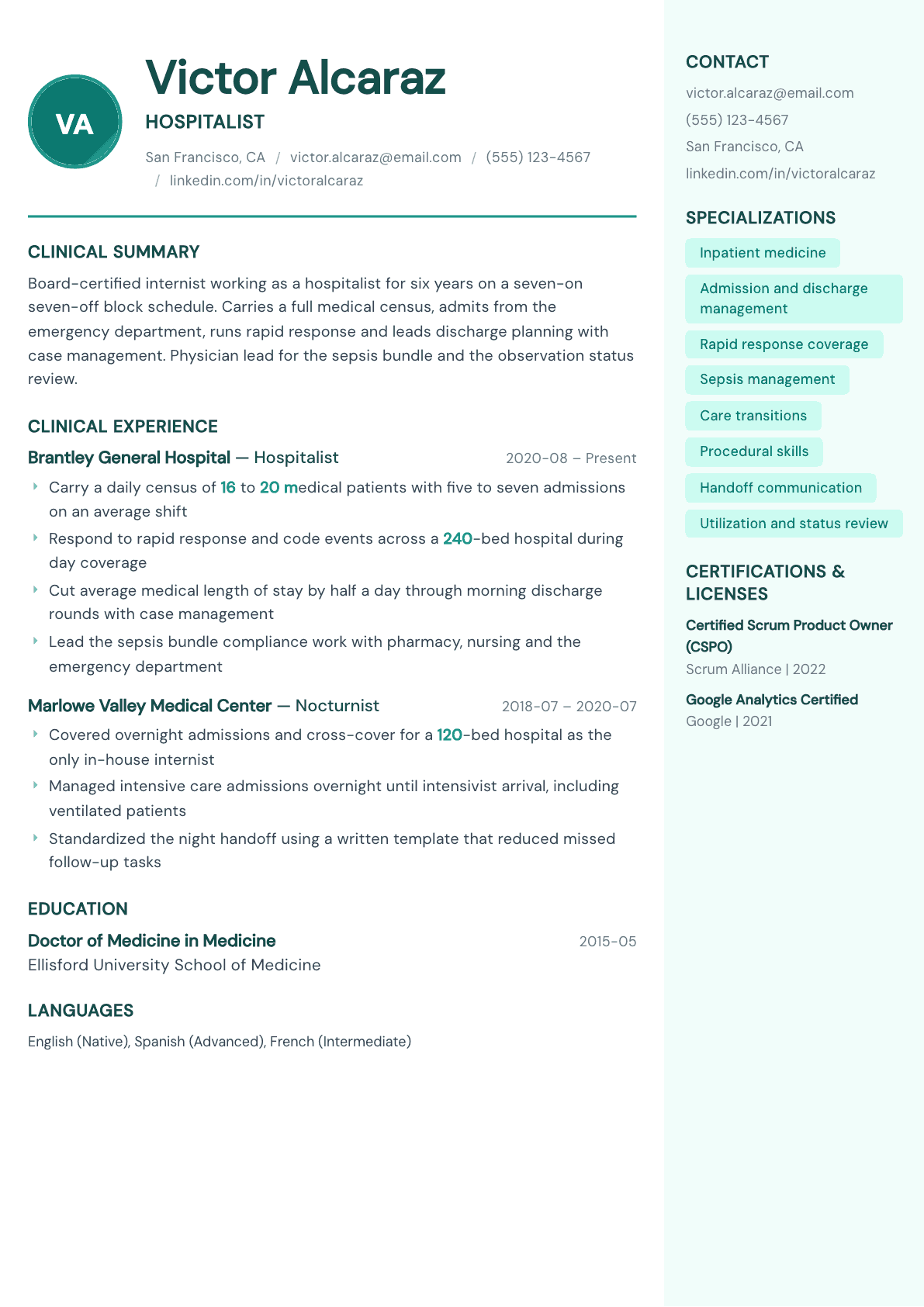 Hospitalist resume example, Remedy template