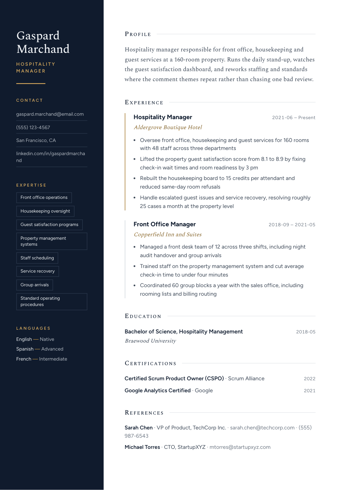 Hospitality Manager resume example, Nocturne template