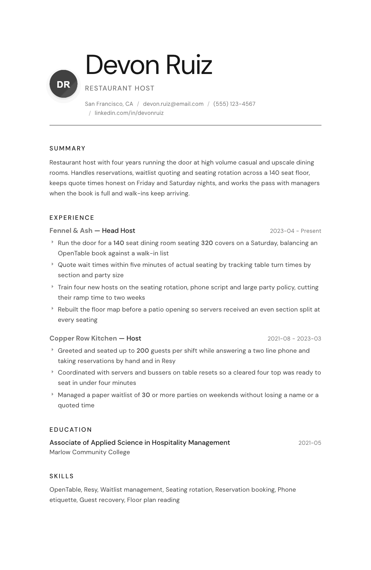 Host resume example, Whisper template