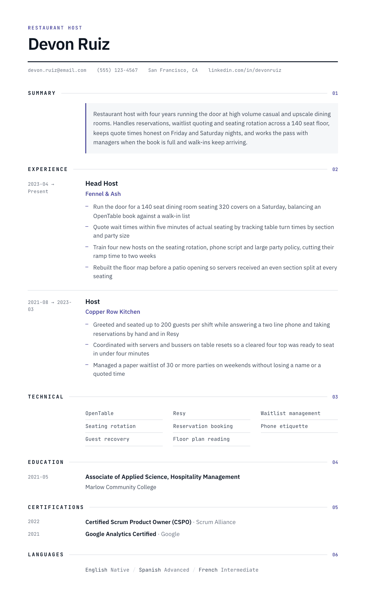 Host resume example, Substrate template