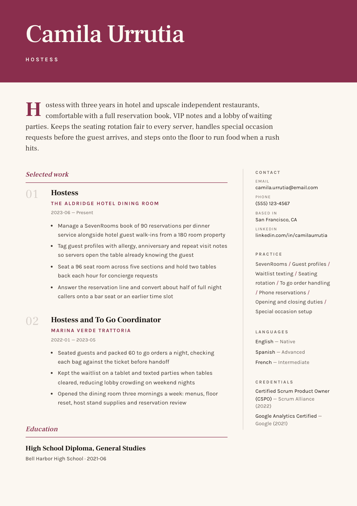 Hostess resume example, Pressroom template