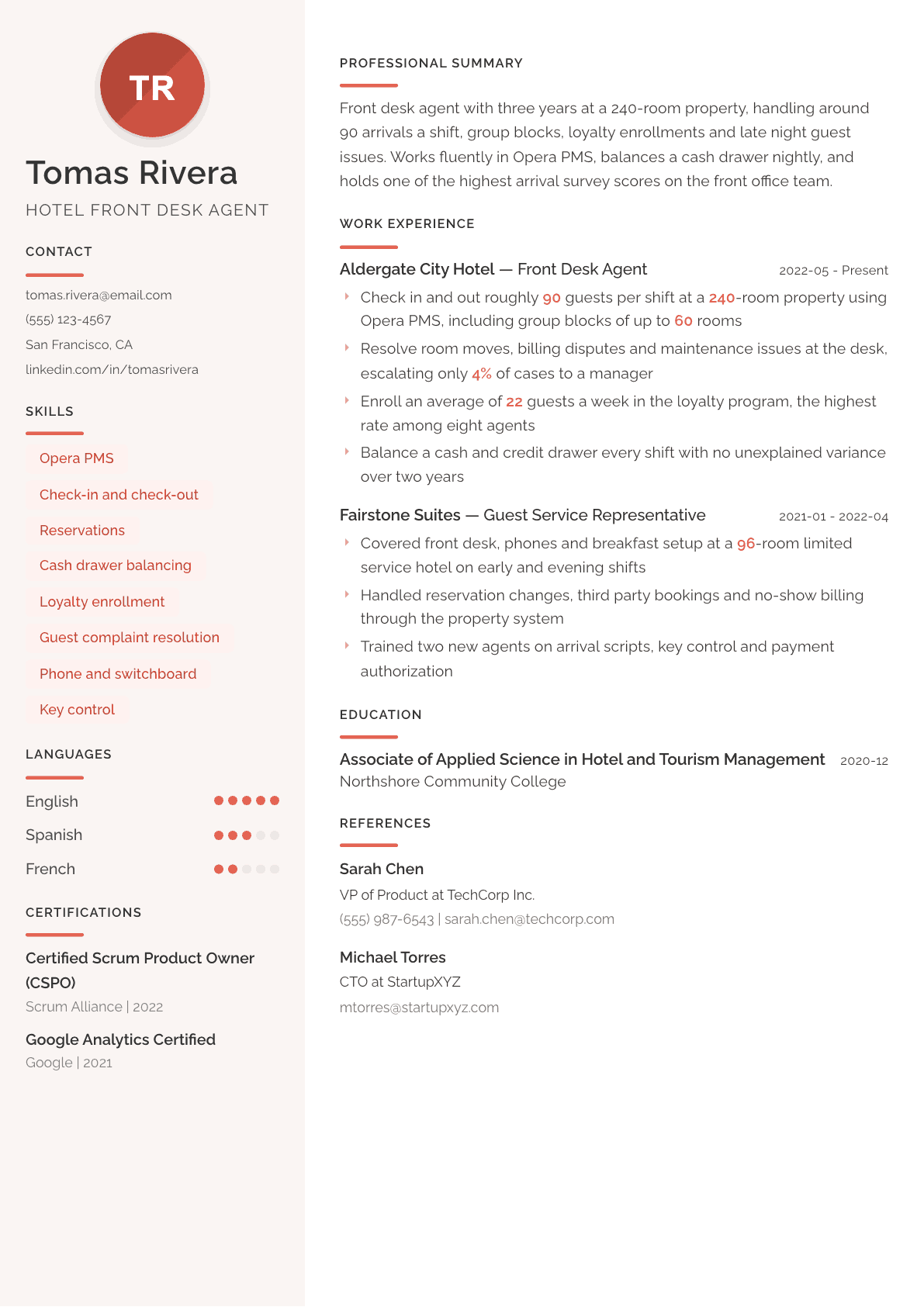 Hotel Front Desk Agent resume example, Milano template