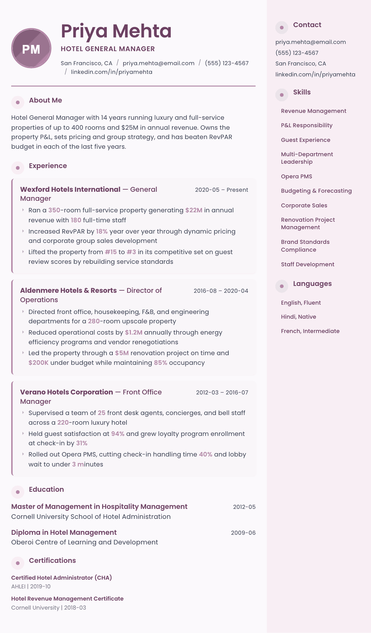 Hotel General Manager resume example, Bloom template