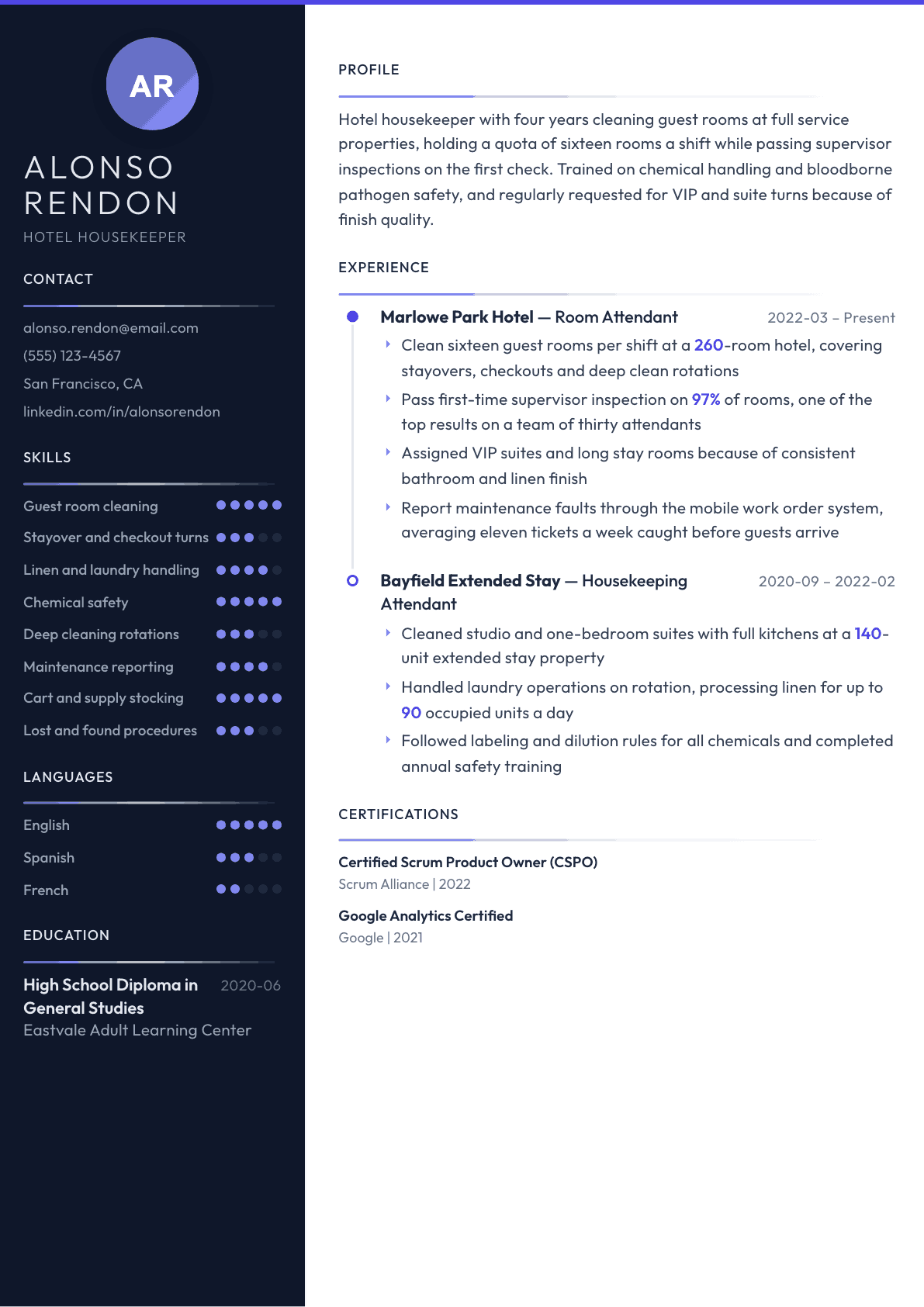 Hotel Housekeeper resume example, Zenith template