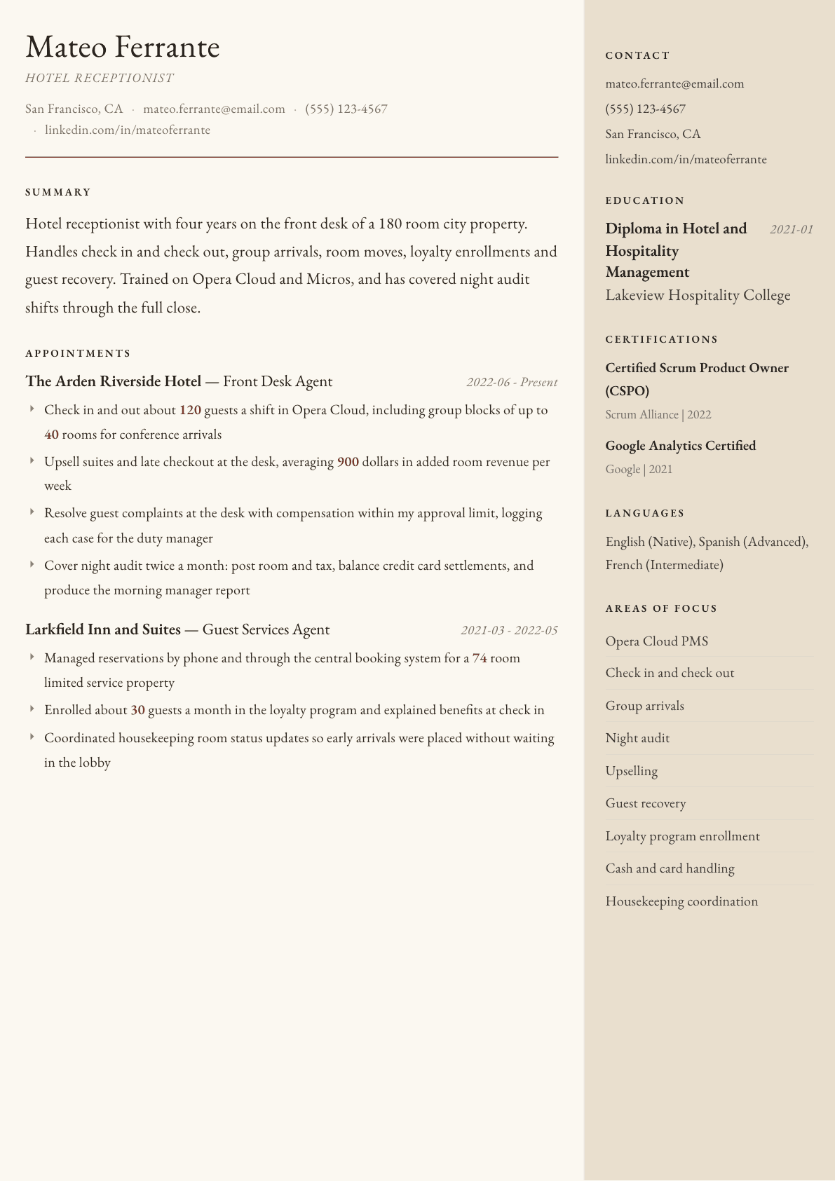 Hotel Receptionist resume example, Manuscript template