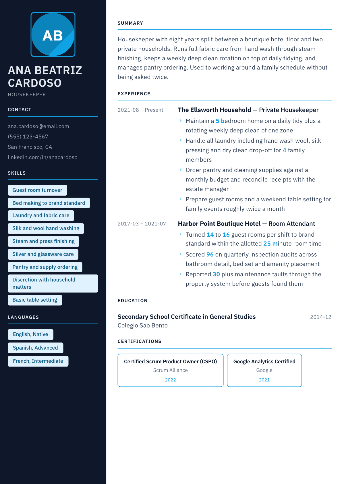 Housekeeper resume example, Everest template
