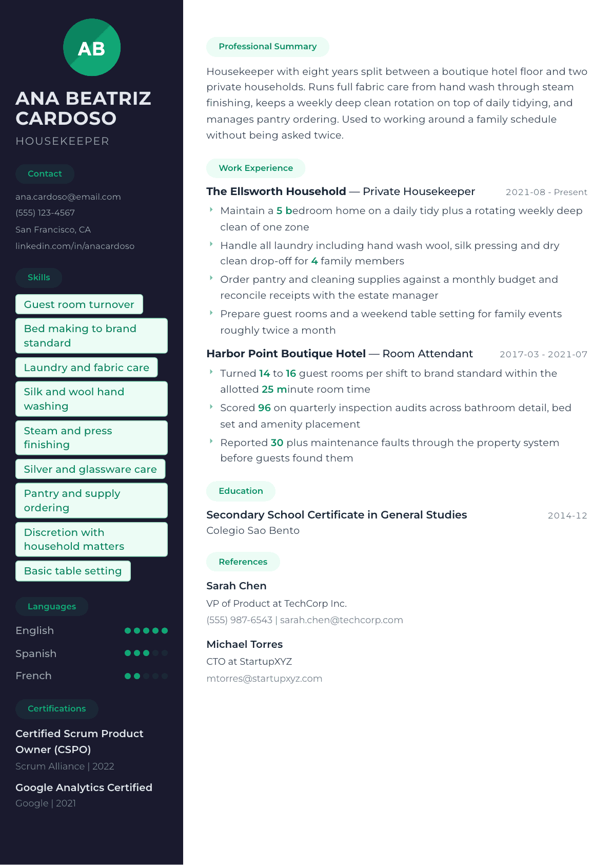 Housekeeper resume example, Oslo template