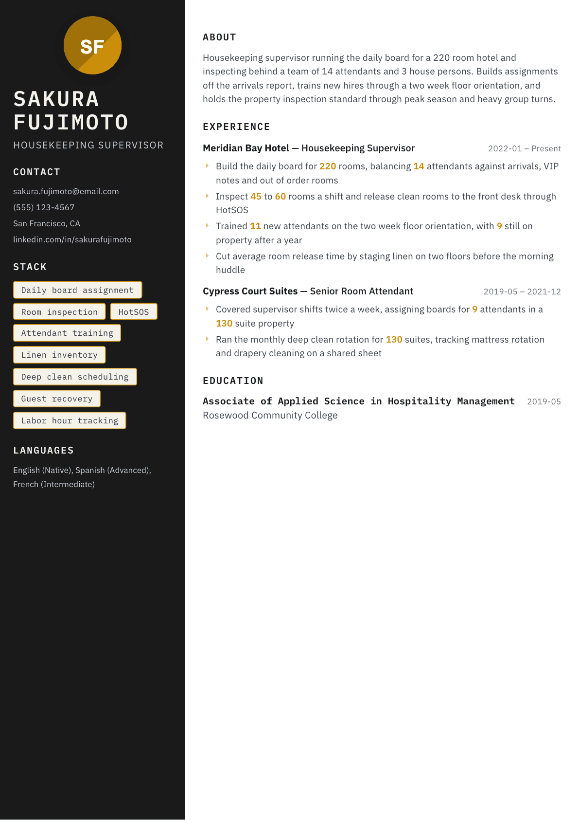 Housekeeping Supervisor resume example, Neon template