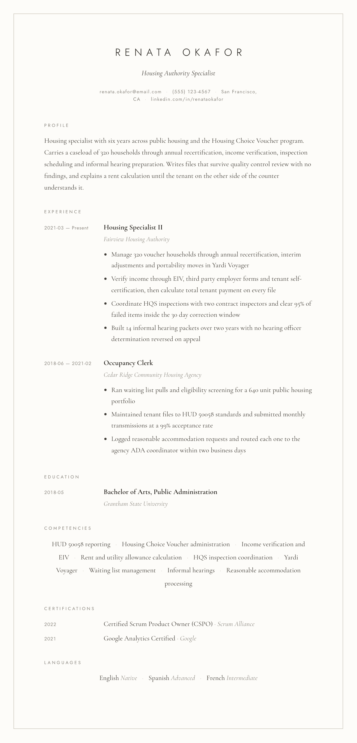 Housing Authority Specialist resume example, Vellum template