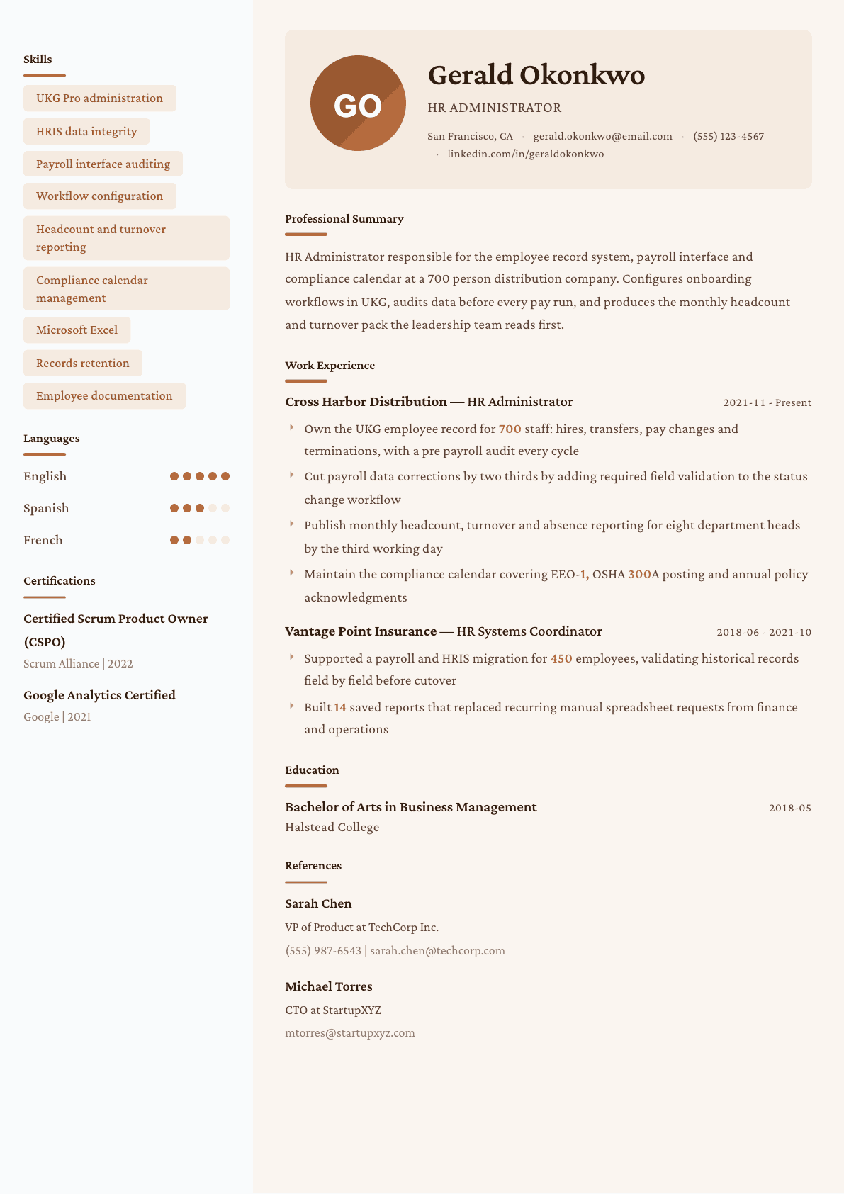 HR Administrator resume example, Lisbon template