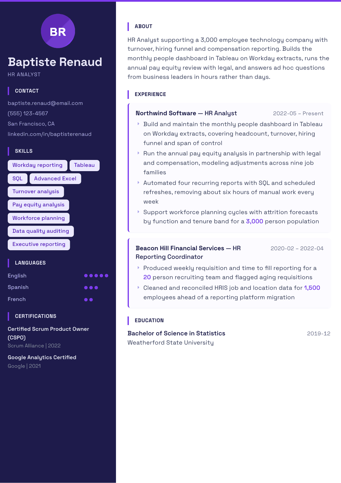 HR Analyst resume example, Solstice template