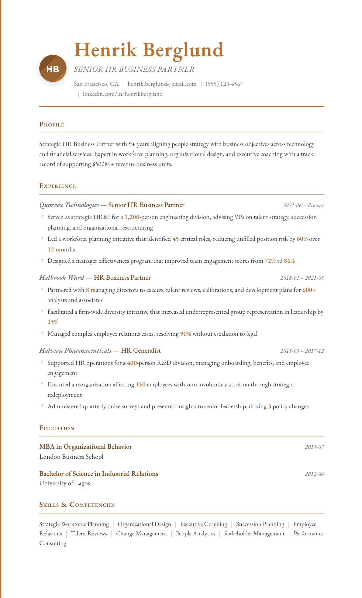 HR Business Partner resume example, Timeless template