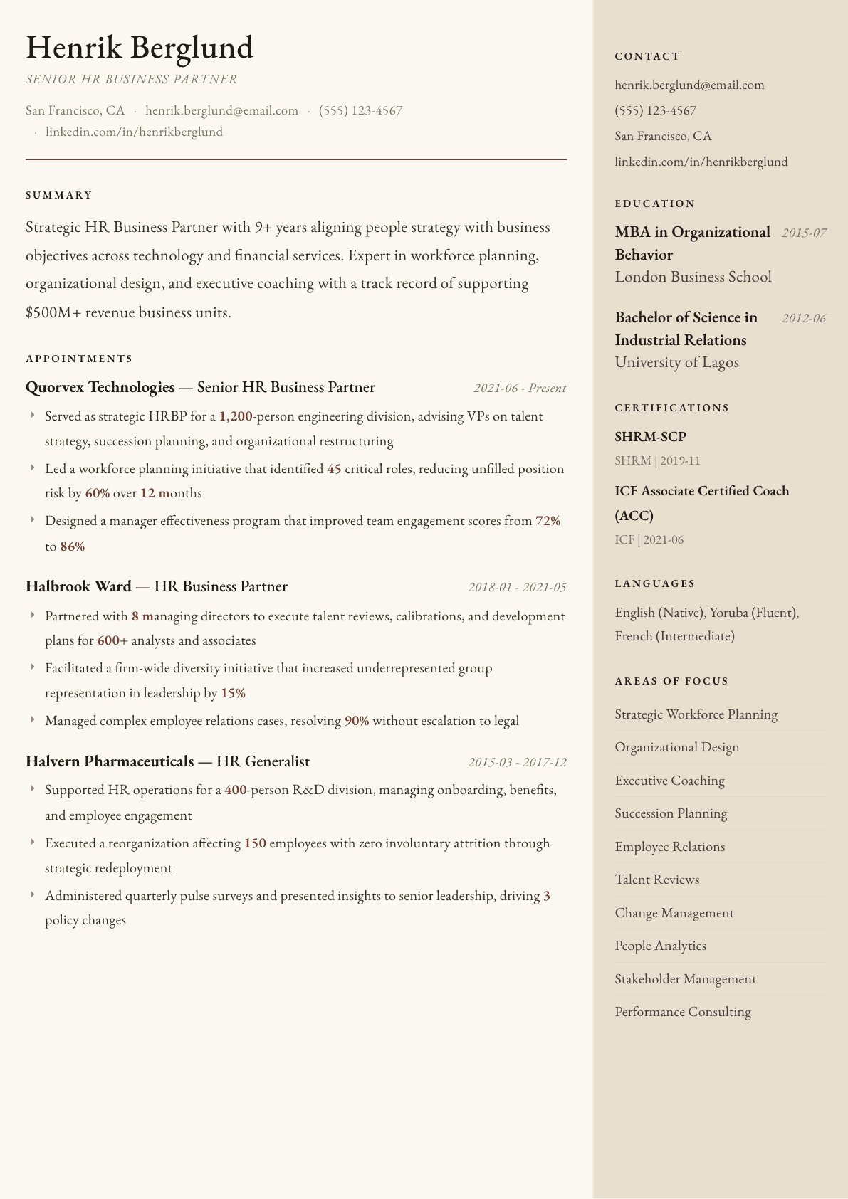 HR Business Partner resume example, Manuscript template