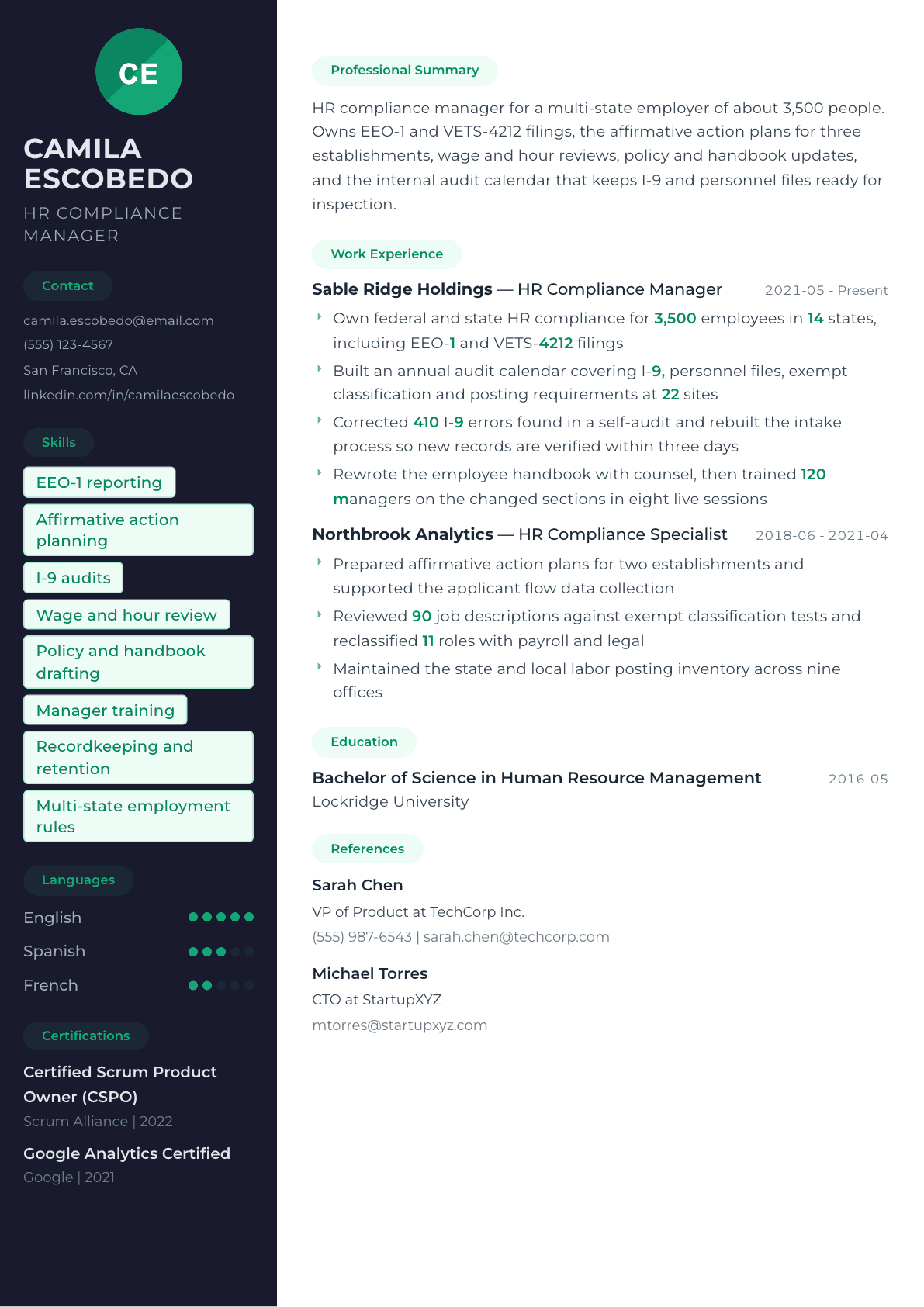 HR Compliance Manager resume example, Oslo template