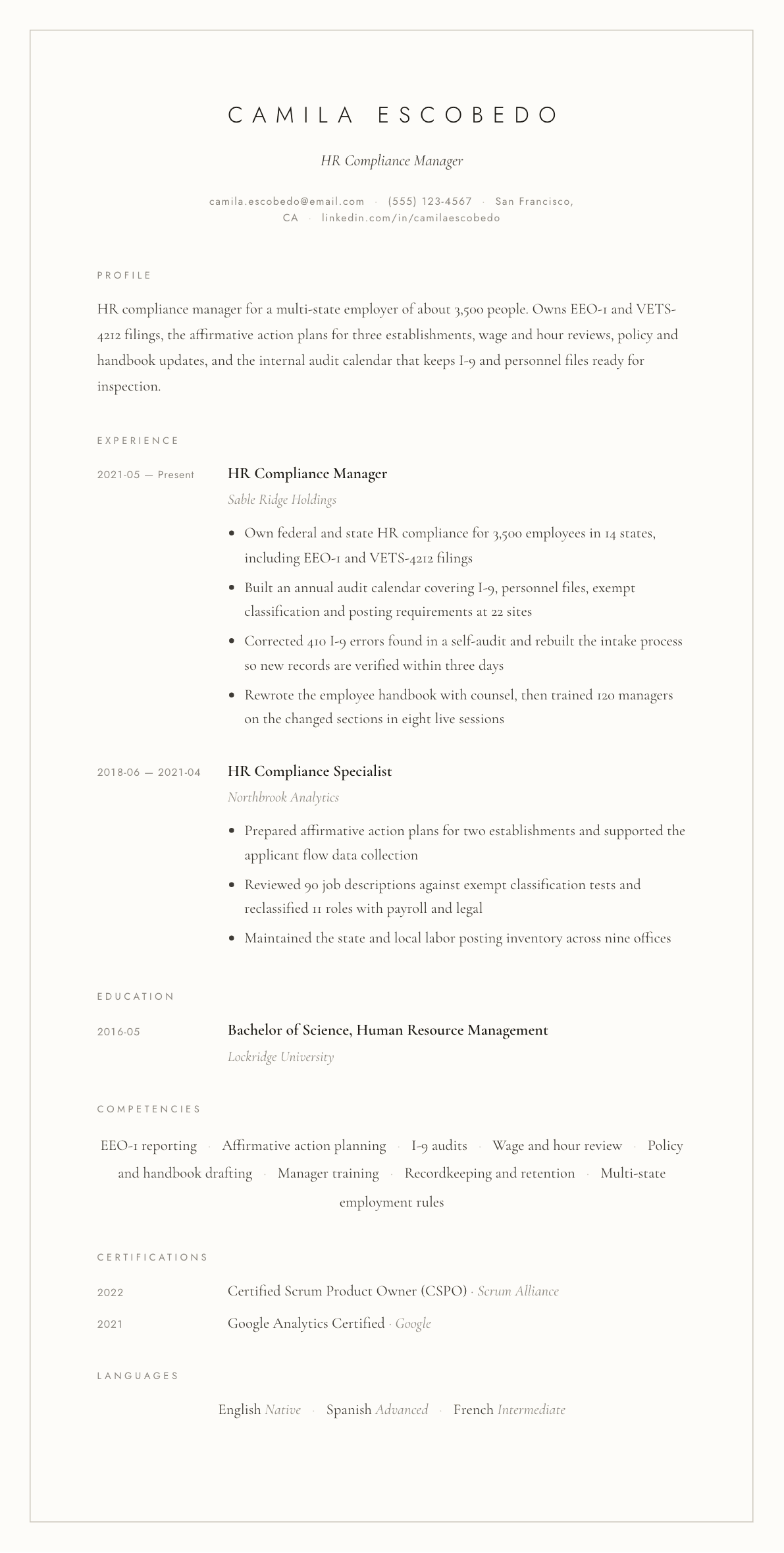 HR Compliance Manager resume example, Vellum template