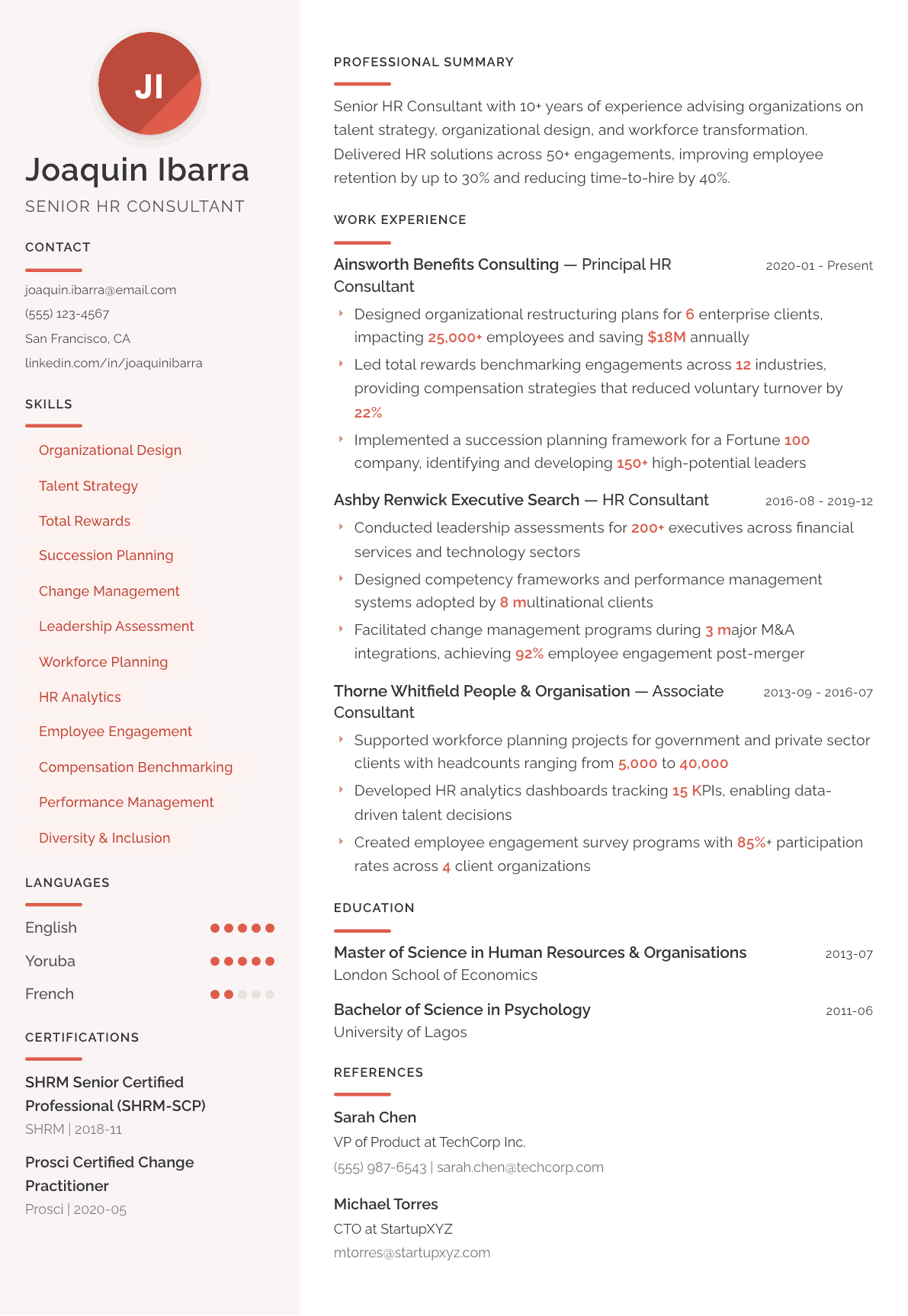 HR Consultant resume example, Milano template